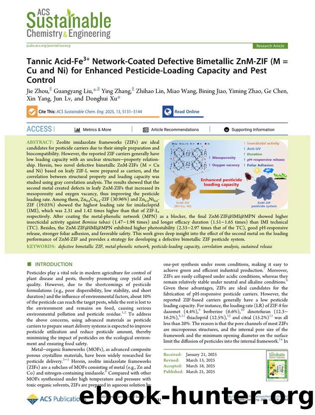 Tannic Acid-Fe3+ Network-Coated Defective Bimetallic ZnM-ZIF (M = Cu and Ni) for Enhanced Pesticide-Loading Capacity and Pest Control by unknow