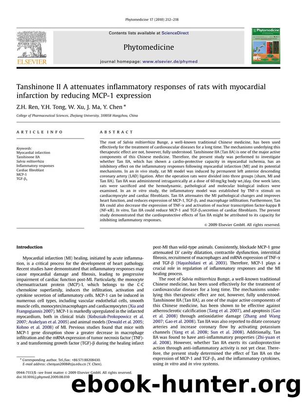 Tanshinone II A attenuates inflammatory responses of rats with myocardial infarction by reducing MCP-1 expression by Z.H. Ren; Y.H. Tong; W. Xu; J. Ma; Y. Chen
