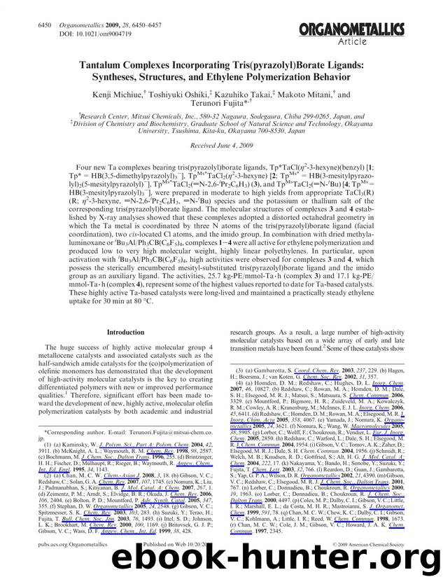 Tantalum Complexes Incorporating Tris(pyrazolyl)Borate Ligands: Syntheses, Structures, and Ethylene Polymerization Behavior by Unknown