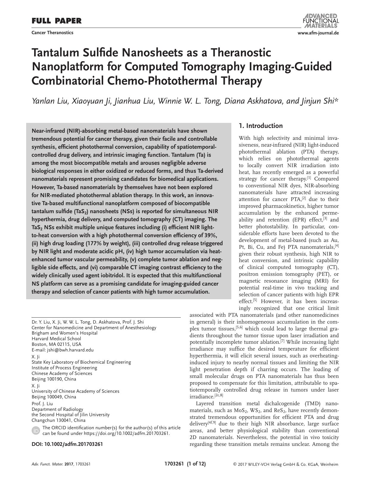 Tantalum Sulfide Nanosheets as a Theranostic Nanoplatform for Computed Tomography Imaging&#x02010;Guided Combinatorial Chemo&#x02010;Photothermal Therapy by Unknown