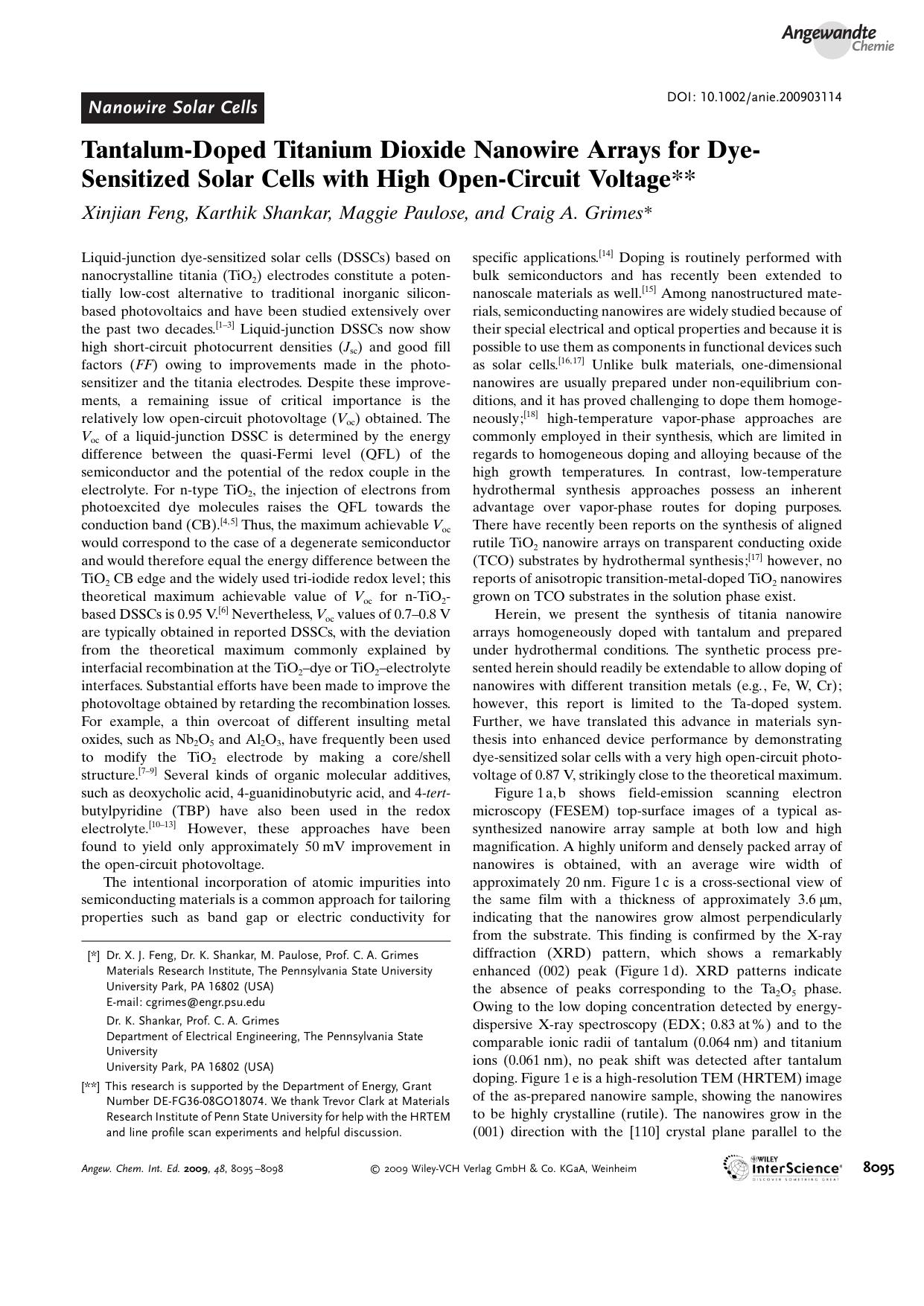 Tantalum-Doped Titanium Dioxide Nanowire Arrays for Dye-Sensitized Solar Cells with High Open-Circuit Voltage by Unknown