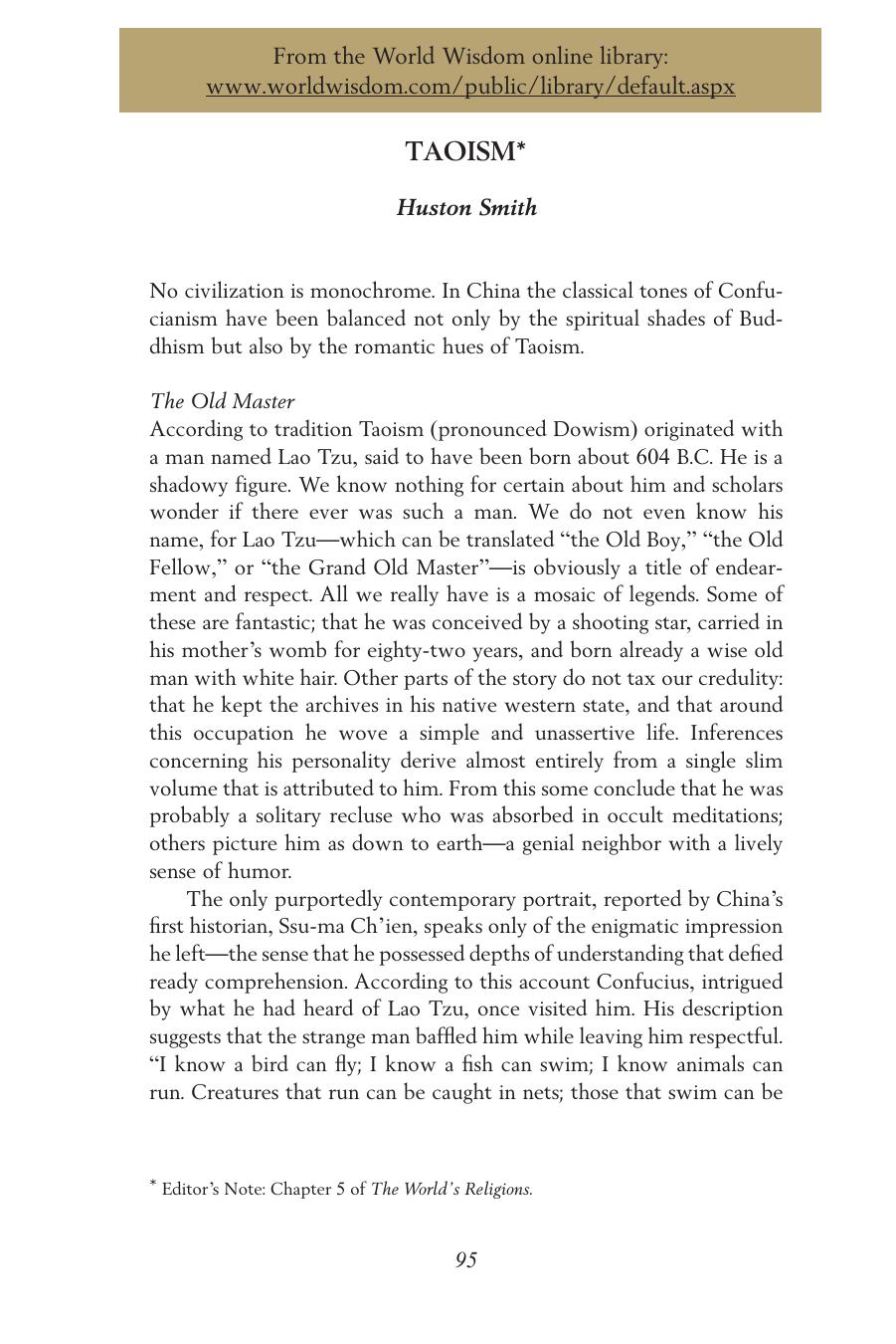 Taoism" by Huston Smith by World Wisdom Inc