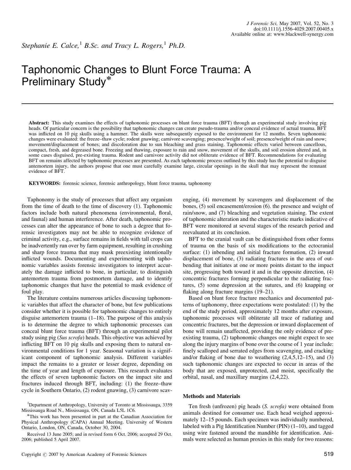 Taphonomic Changes to Blunt Force Trauma: A Preliminary Study* by Unknown