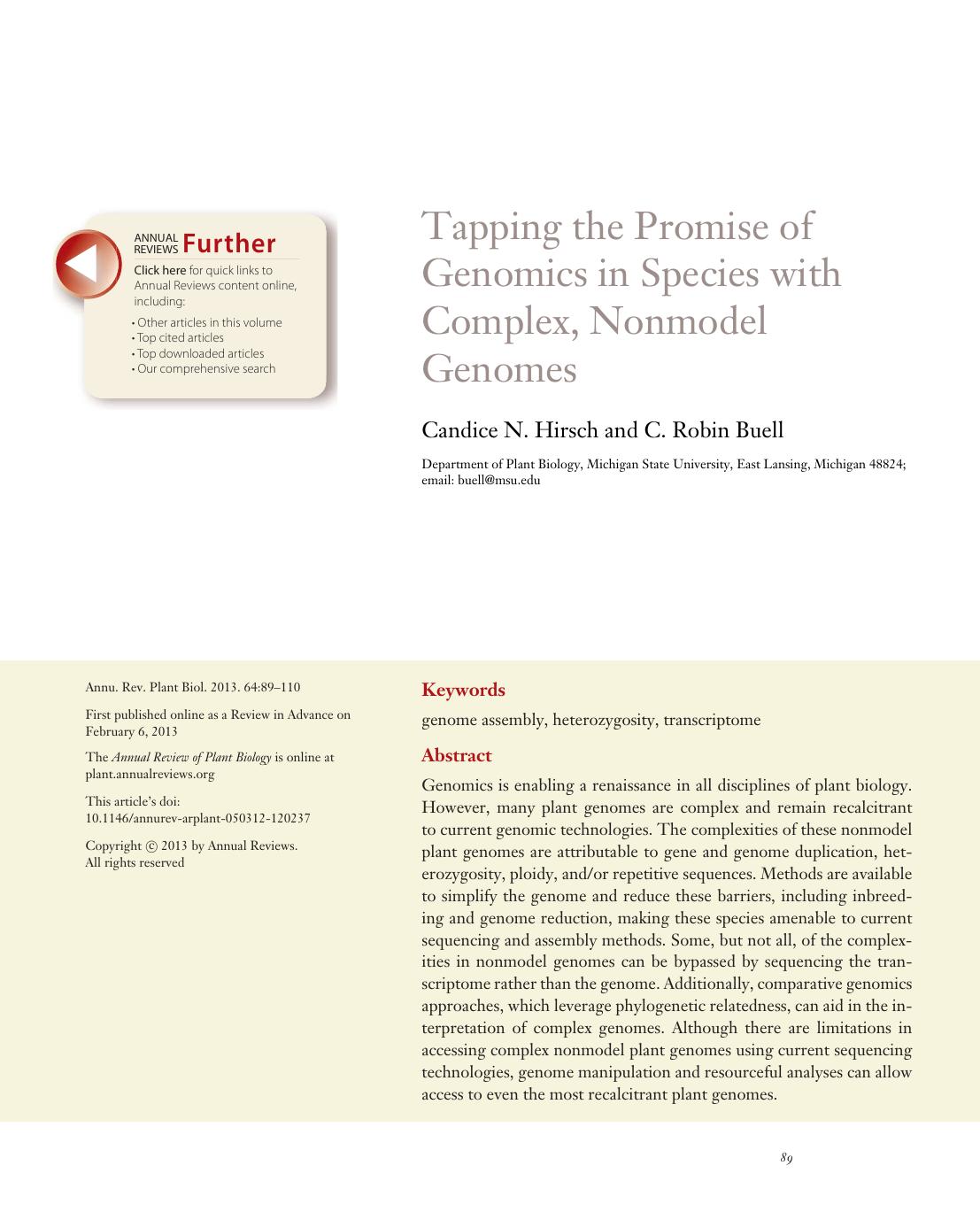 Tapping the Promise of Genomics in Species with Complex, Nonmodel Genomes by Candice N. Hirsch and C. Robin Buell