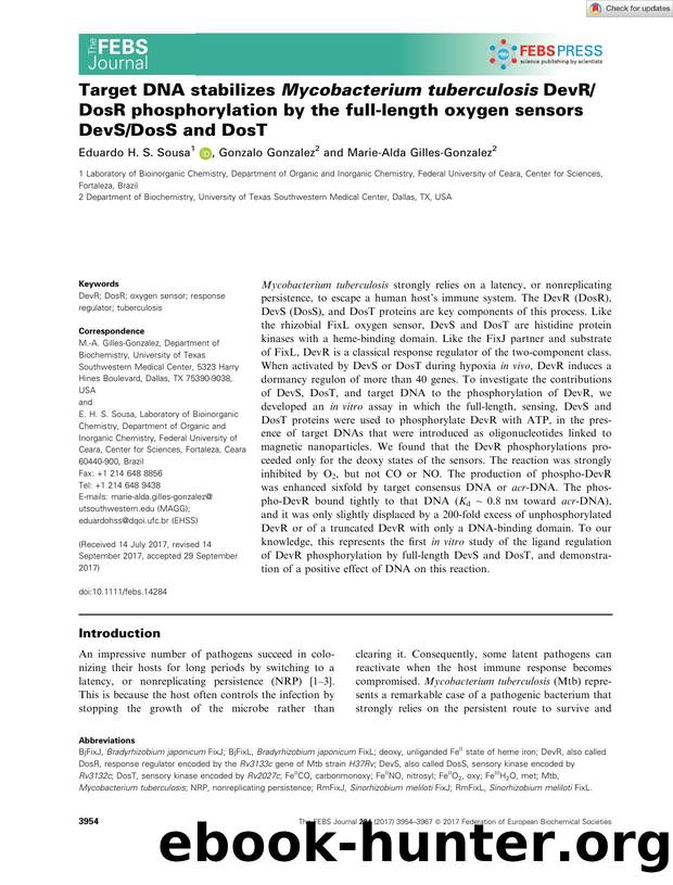 Target DNA stabilizes Mycobacterium tuberculosis DevRDosR phosphorylation by the fullâlength oxygen sensors DevSDosS and DosT by Unknown