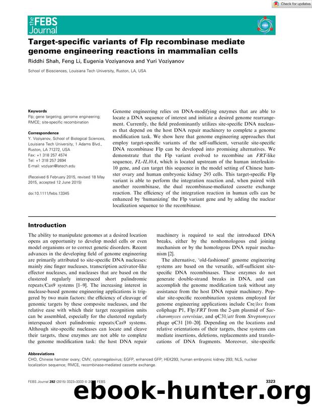 Targetâspecific variants of Flp recombinase mediate genome engineering reactions in mammalian cells by Unknown
