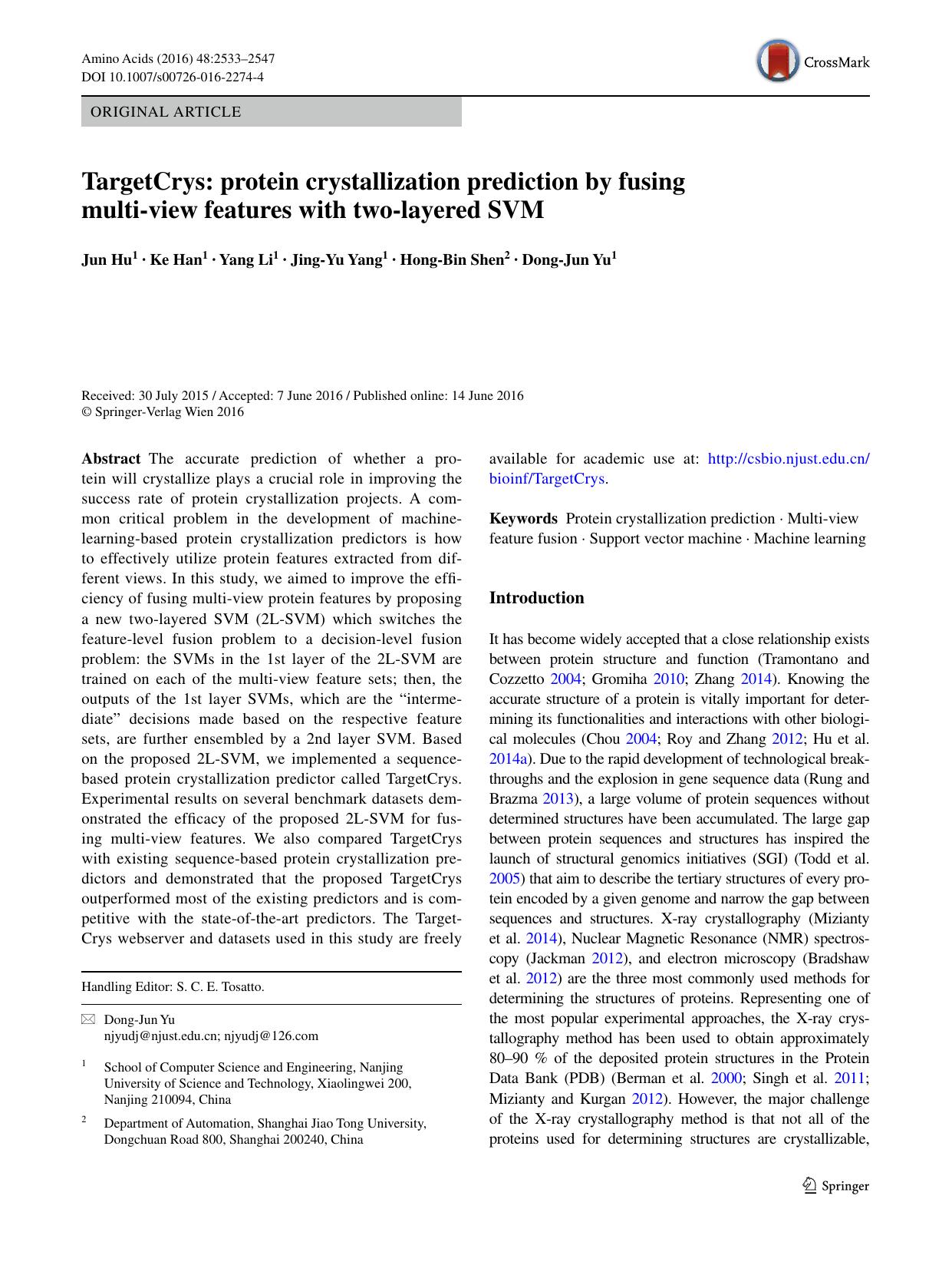 TargetCrys: protein crystallization prediction by fusing multi-view features with two-layered SVM by Jun Hu & Ke Han & Yang Li & Jing-Yu Yang & Hong-Bin Shen & Dong-Jun Yu
