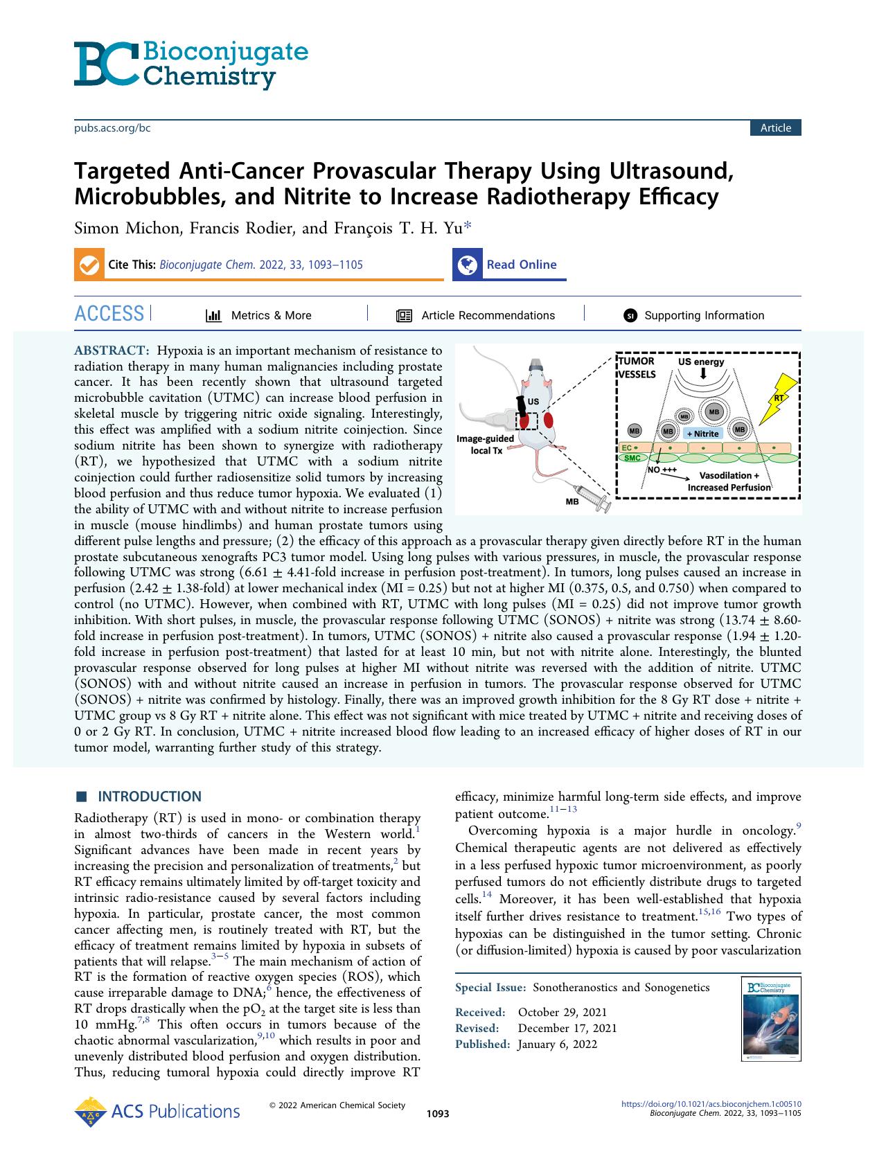 Targeted Anti-Cancer Provascular Therapy Using Ultrasound, Microbubbles, and Nitrite to Increase Radiotherapy Efficacy by Simon Michon Francis Rodier and François T. H. Yu