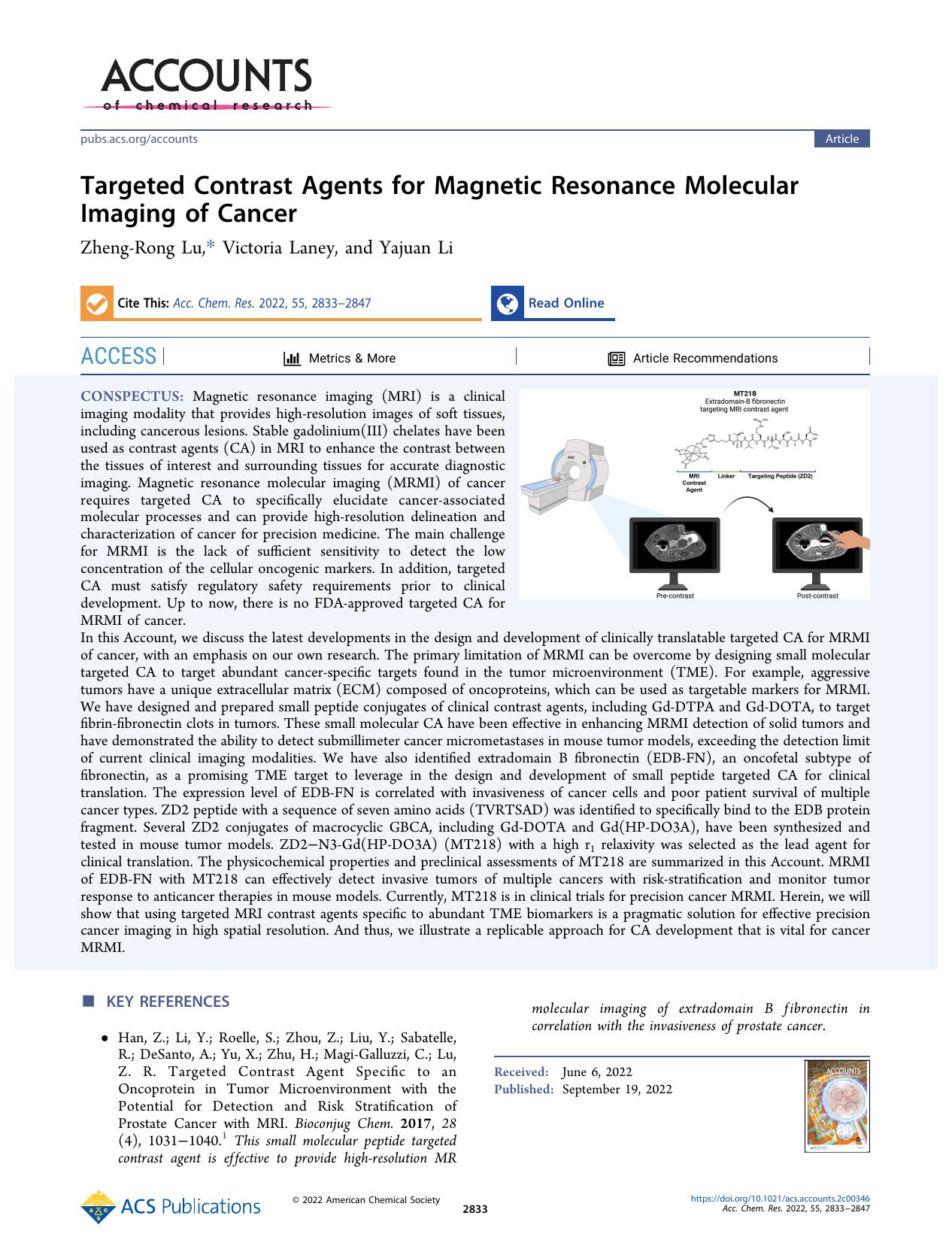 Targeted Contrast Agents for Magnetic Resonance Molecular Imaging of Cancer by Zheng-Rong Lu Victoria Laney and Yajuan Li