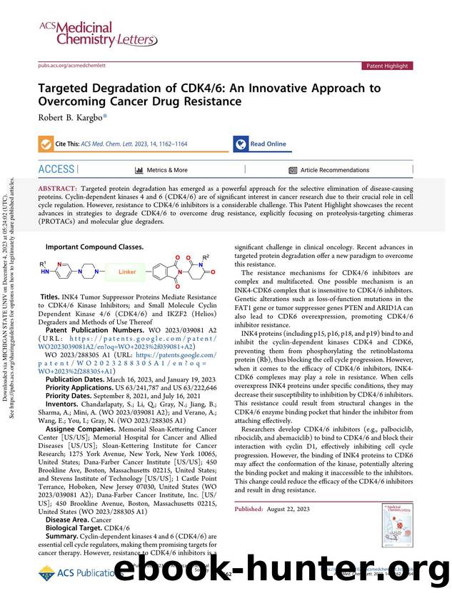 Targeted Degradation of CDK46: An Innovative Approach to Overcoming Cancer Drug Resistance by Robert B. Kargbo