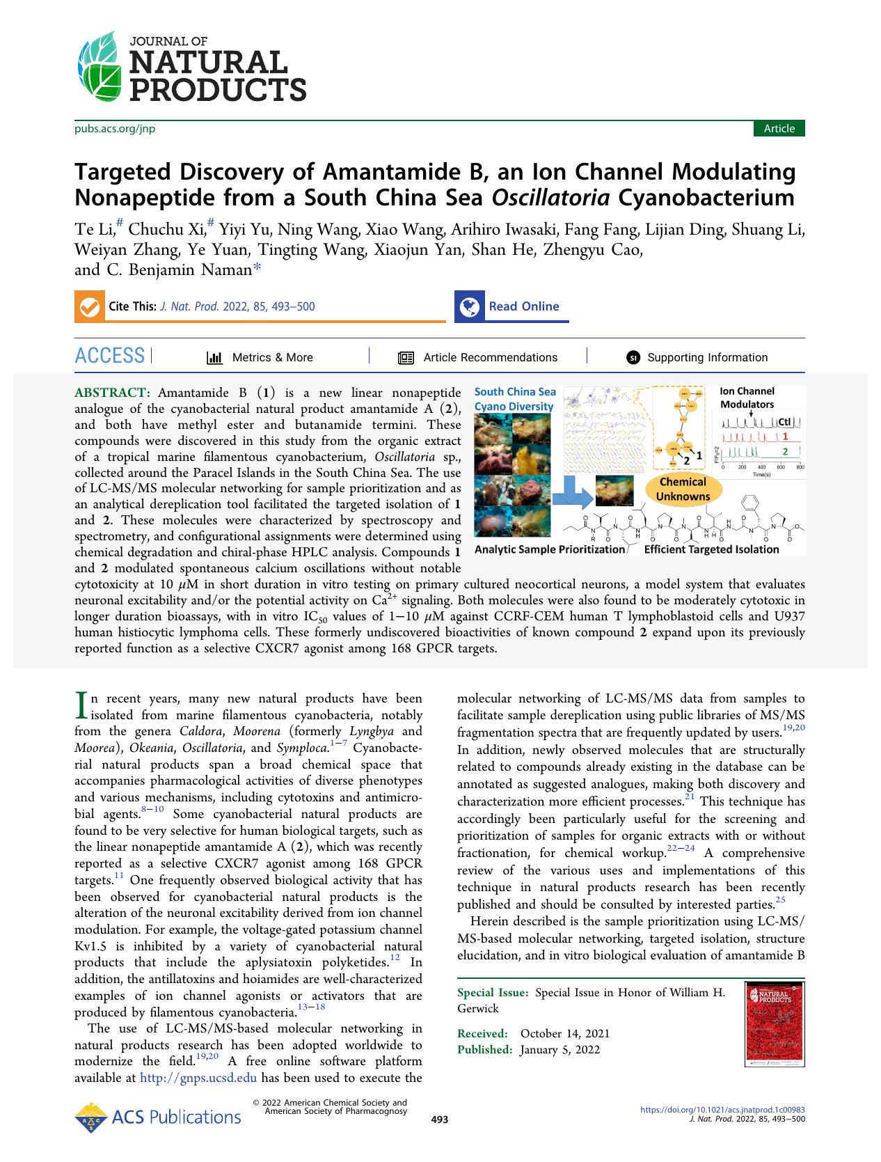 Targeted Discovery of Amantamide B, an Ion Channel Modulating Nonapeptide from a South China Sea Oscillatoria Cyanobacterium by unknow