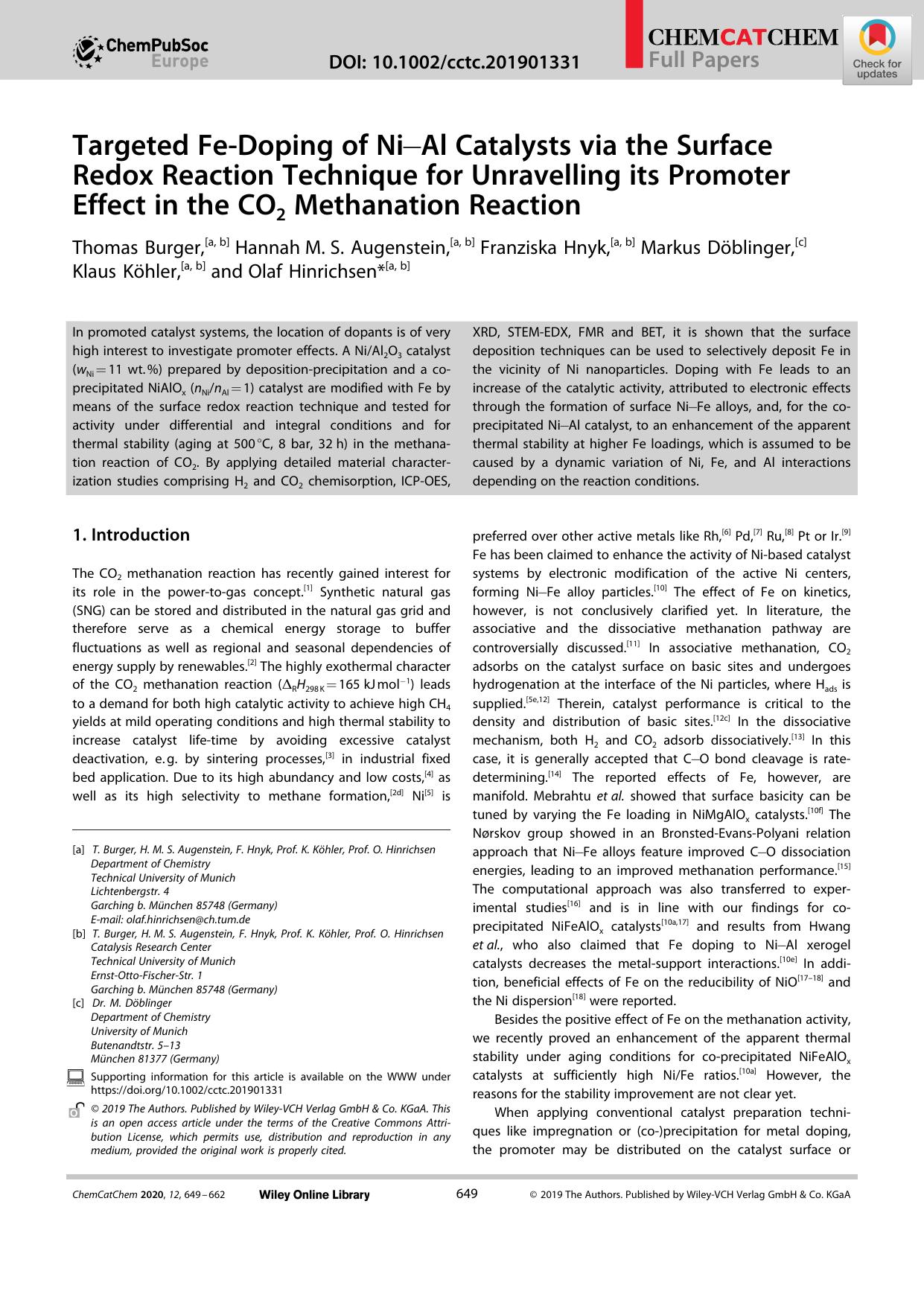 Targeted FeâDoping of NiâAl Catalysts via the Surface Redox Reaction Technique for Unravelling its Promoter Effect in the CO2 Methanation Reaction by Unknown