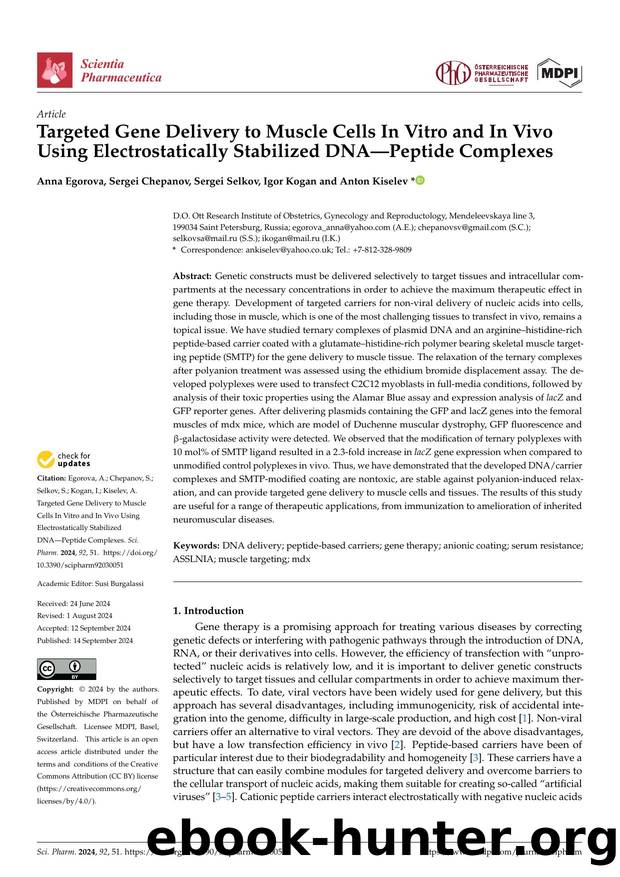 Targeted Gene Delivery to Muscle Cells In Vitro and In Vivo Using Electrostatically Stabilized DNAâPeptide Complexes by Anna Egorova Sergei Chepanov Sergei Selkov Igor Kogan & Anton Kiselev