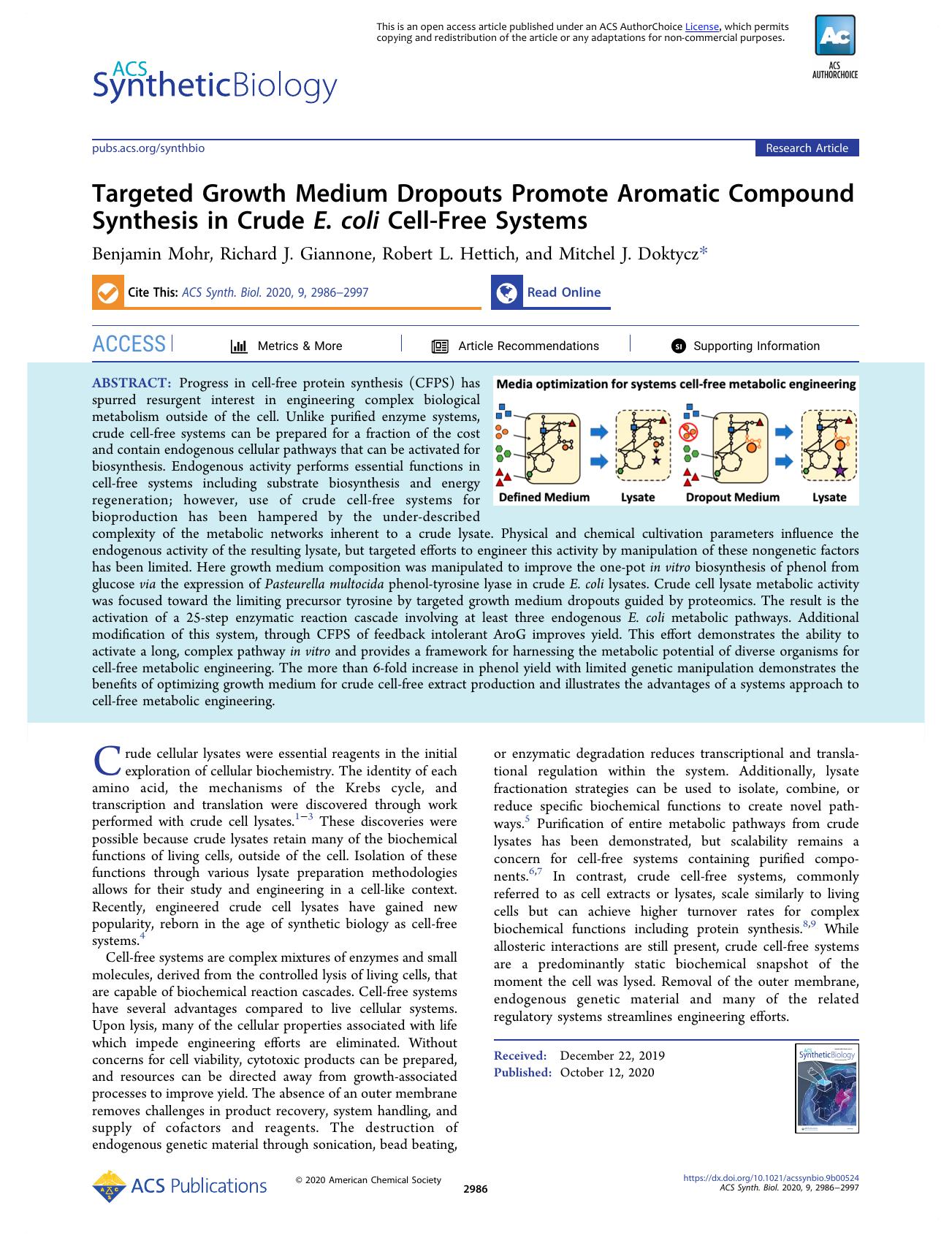 Targeted Growth Medium Dropouts Promote Aromatic Compound Synthesis in Crude E.Â coli Cell-Free Systems by Benjamin Mohr Richard J. Giannone Robert L. Hettich and Mitchel J. Doktycz