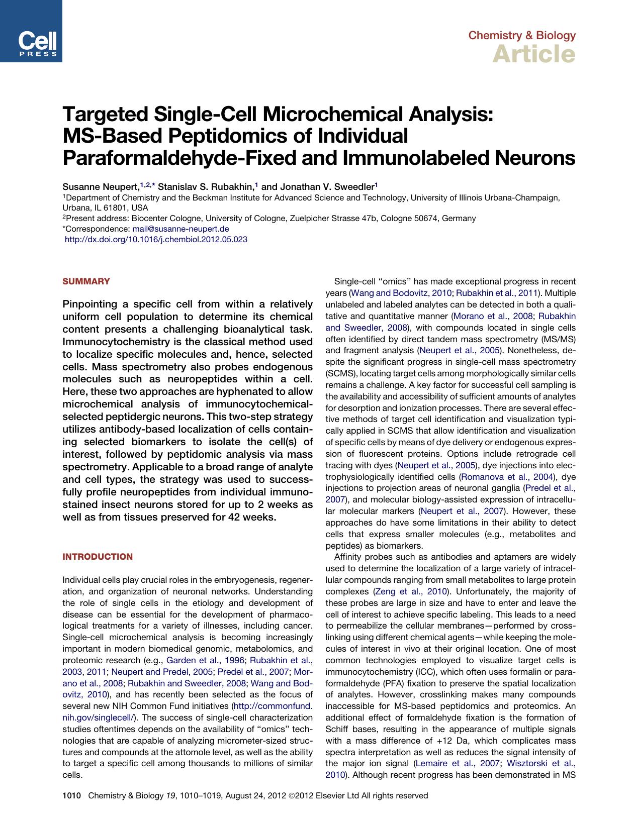 Targeted Single-Cell Microchemical Analysis: MS-Based Peptidomics of Individual Paraformaldehyde-Fixed and Immunolabeled Neurons by unknow