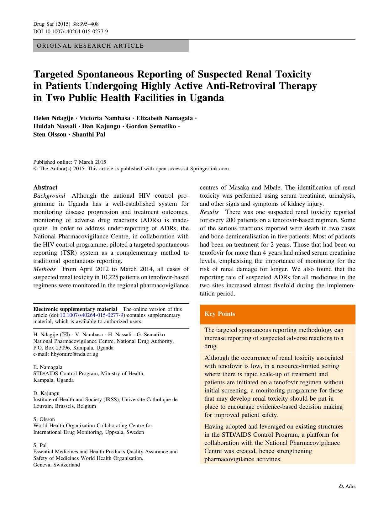 Targeted Spontaneous Reporting of Suspected Renal Toxicity in Patients Undergoing Highly Active Anti-Retroviral Therapy in Two Public Health Facilities in Uganda by unknow