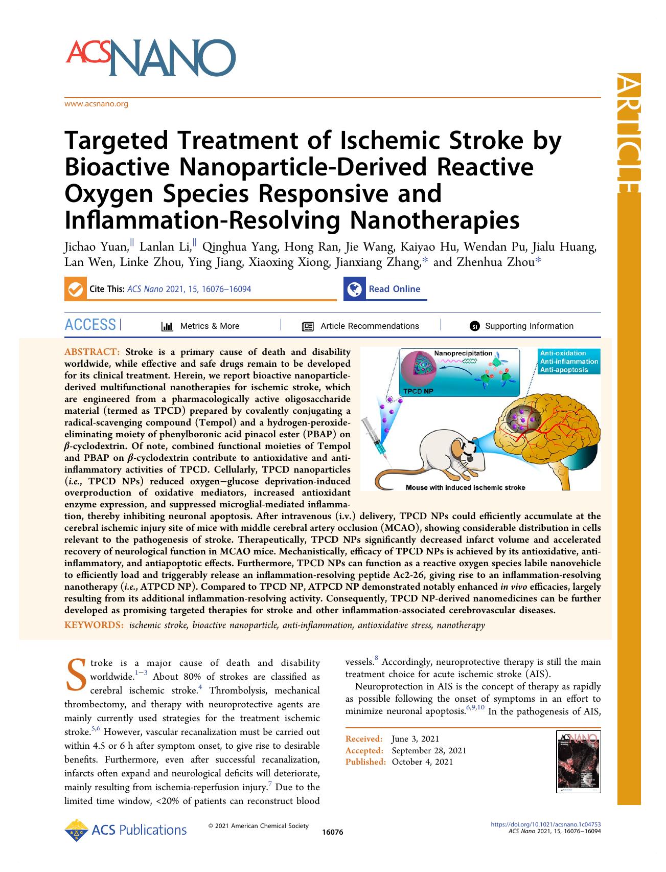 Targeted Treatment of Ischemic Stroke by Bioactive Nanoparticle-Derived Reactive Oxygen Species Responsive and Inflammation-Resolving Nanotherapies by unknow