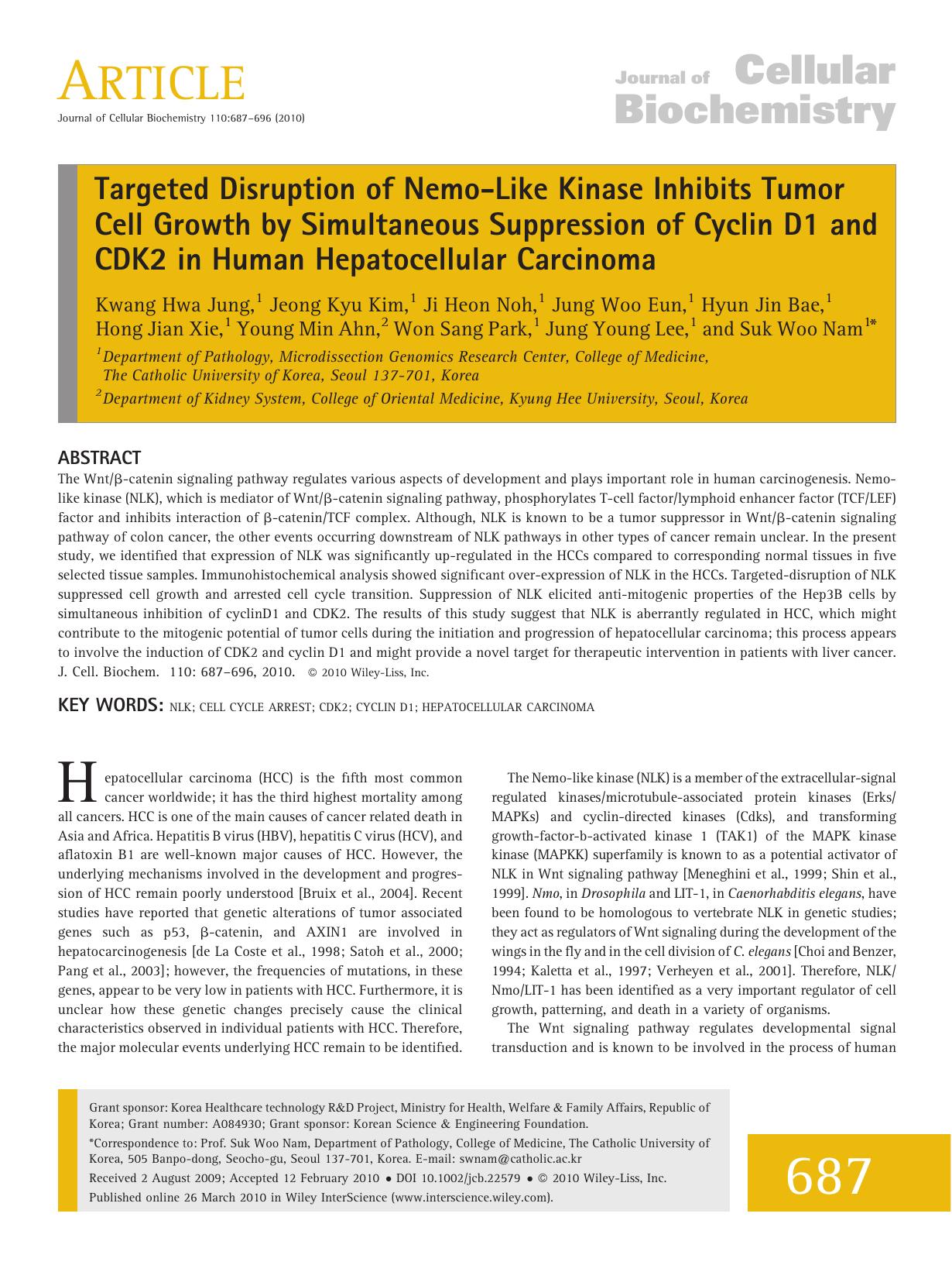 Targeted disruption of Nemo?like kinase inhibits tumor cell growth by simultaneous suppression of cyclin D1 and CDK2 in human hepatocellular carcinoma by Unknown