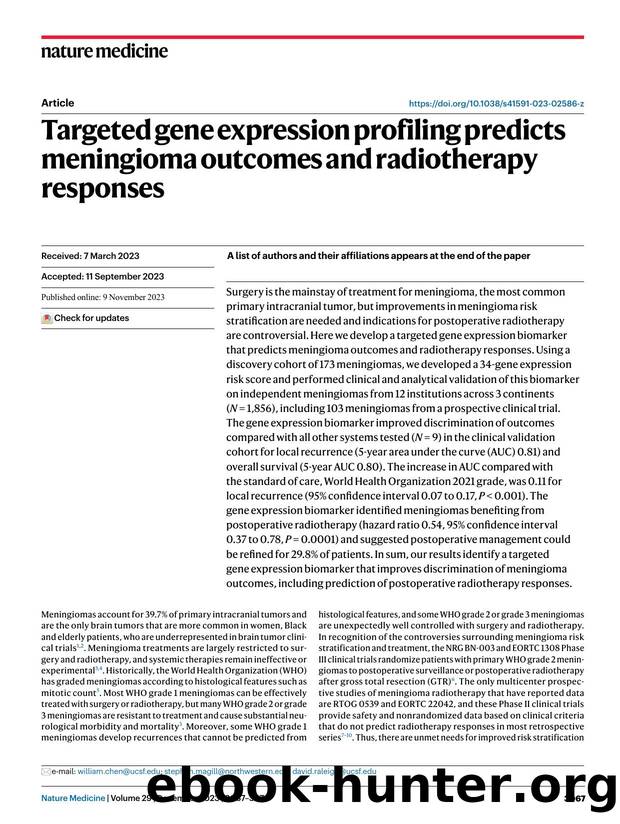 Targeted gene expression profiling predicts meningioma outcomes and radiotherapy responses by unknow