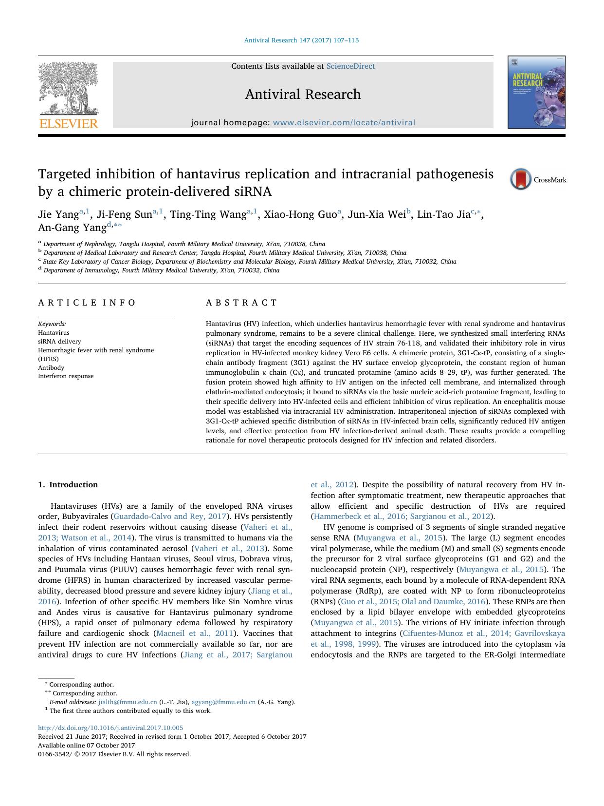 Targeted inhibition of hantavirus replication and intracranial pathogenesis by a chimeric protein-delivered siRNA by Jie Yang & Ji-Feng Sun & Ting-Ting Wang & Xiao-Hong Guo & Jun-Xia Wei & Lin-Tao Jia & An-Gang Yang