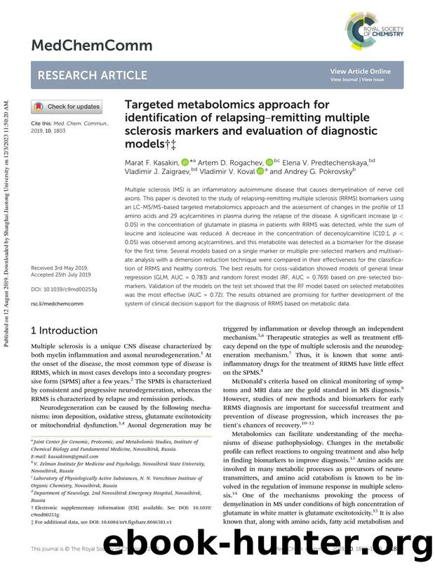 Targeted metabolomics approach for identification of relapsingâremitting multiple sclerosis markers and evaluation of diagnostic models by unknow