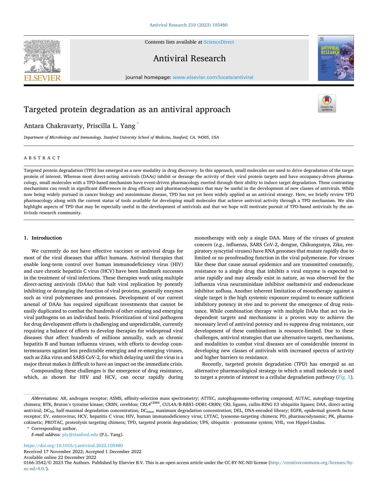 Targeted protein degradation as an antiviral approach by Antara Chakravarty & Priscilla L. Yang
