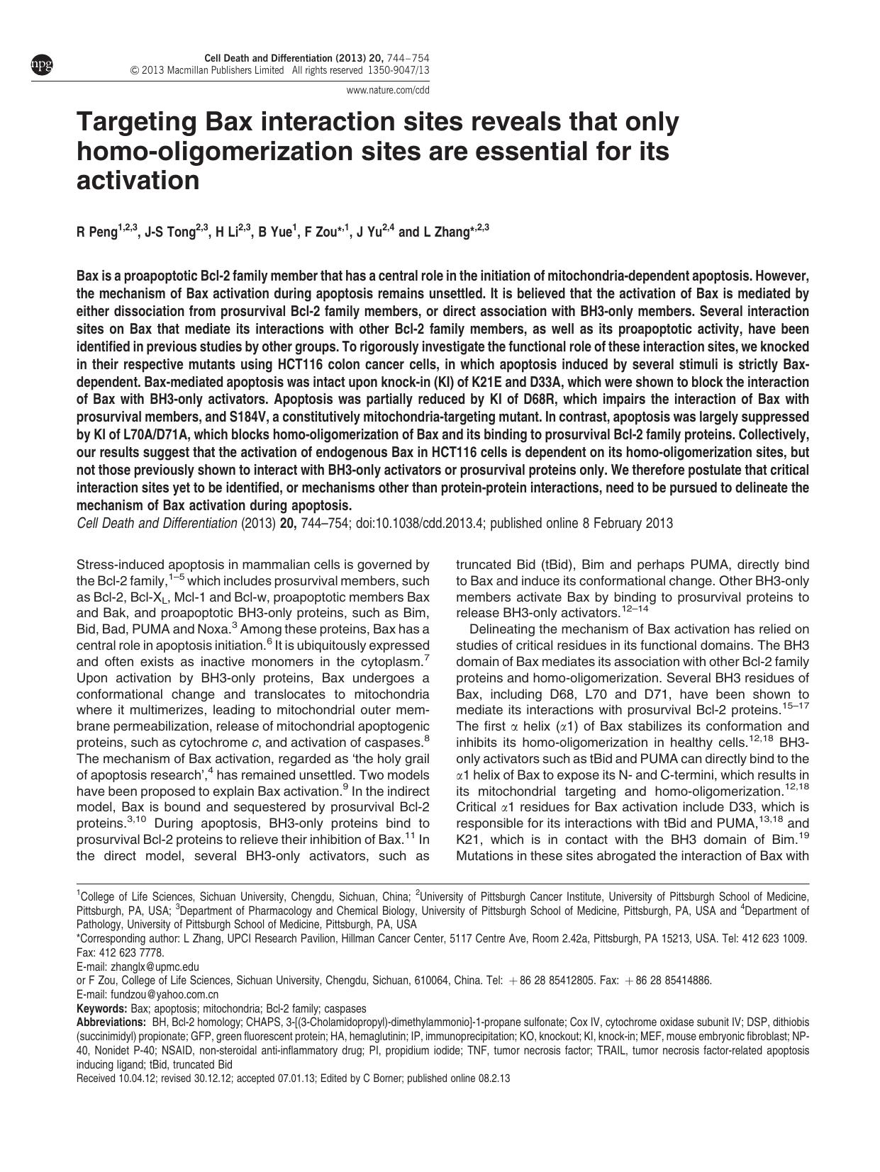Targeting Bax interaction sites reveals that only homo-oligomerization sites are essential for its activation by R Peng & J-S Tong & H Li & B Yue & F Zou & J Yu & L Zhang