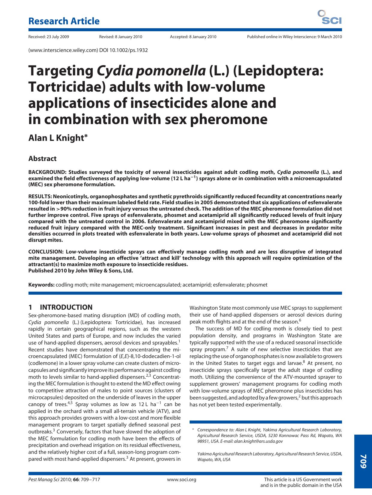 Targeting Cydia pomonella (L.) (Lepidoptera: Tortricidae) adults with low?volume applications of insecticides alone and in combination with sex pheromone by Unknown