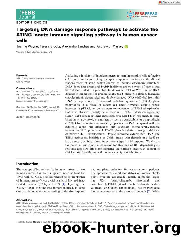Targeting DNA damage response pathways to activate the STING innate immune signaling pathway in human cancer cells by Unknown