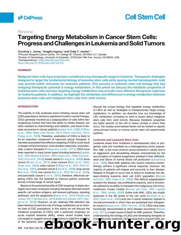 Targeting Energy Metabolism in Cancer Stem Cells: Progress and Challenges in Leukemia and Solid Tumors by Courtney L. Jones & Anagha Inguva & Craig T. Jordan
