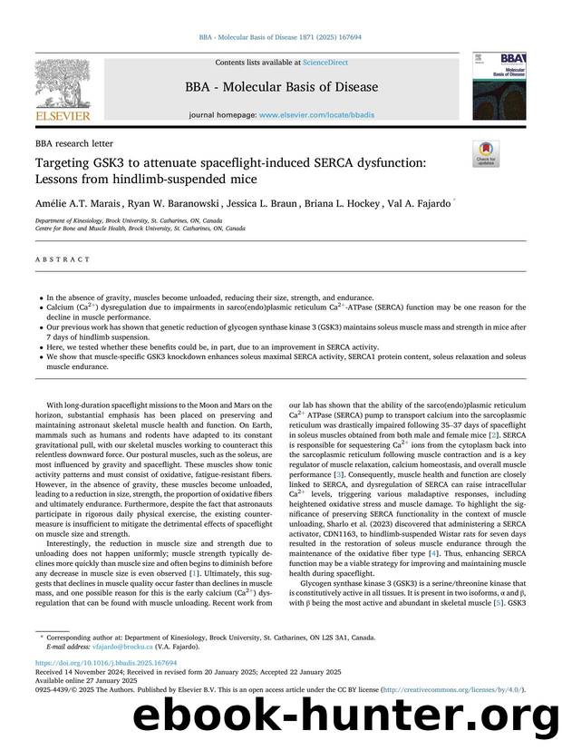 Targeting GSK3 to attenuate spaceflight-induced SERCA dysfunction: Lessons from hindlimb-suspended mice by Amélie A.T. Marais & Ryan W. Baranowski & Jessica L. Braun & Briana L. Hockey & Val A. Fajardo