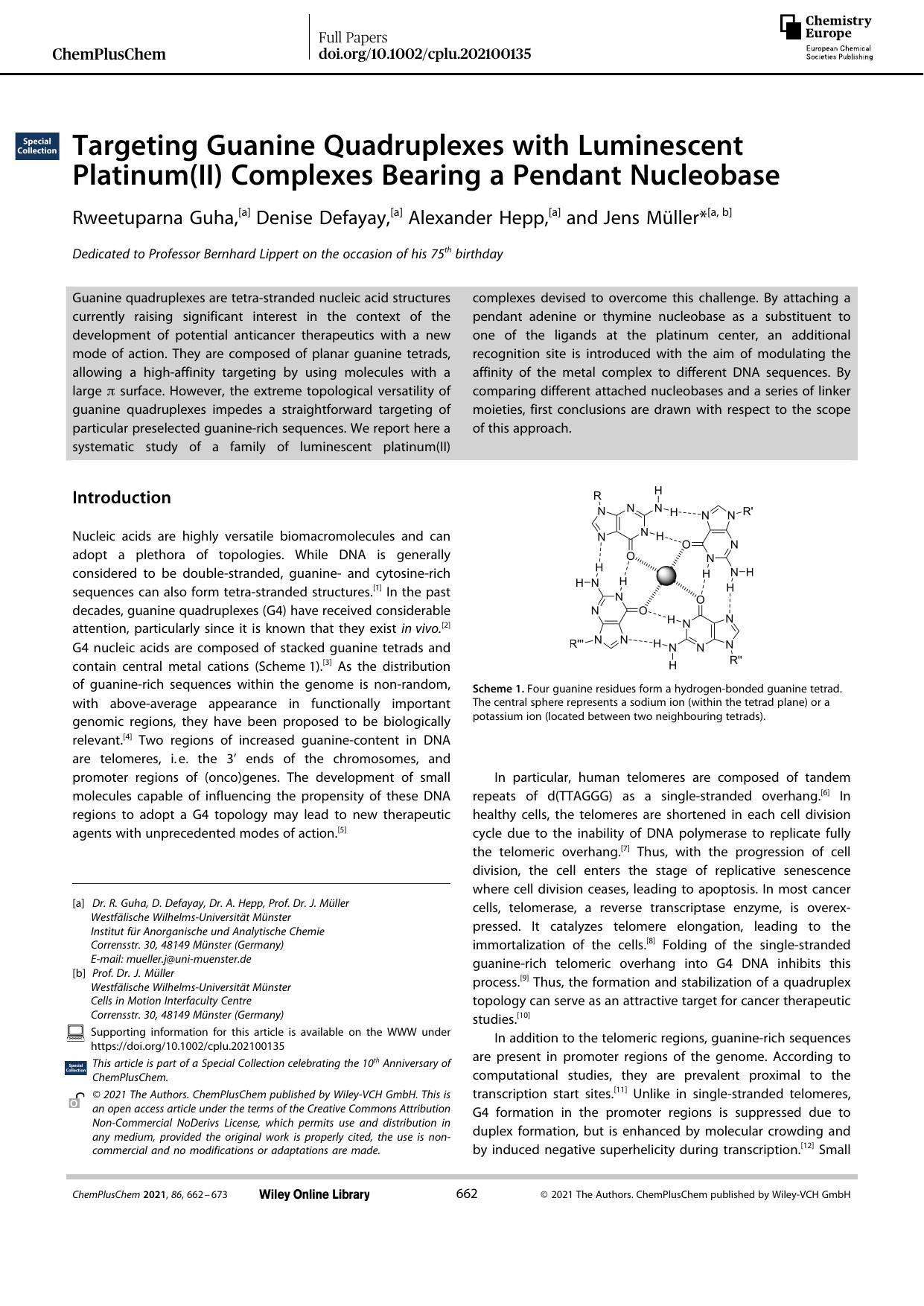 Targeting Guanine Quadruplexes with Luminescent Platinum(II) Complexes Bearing a Pendant Nucleobase by Unknown