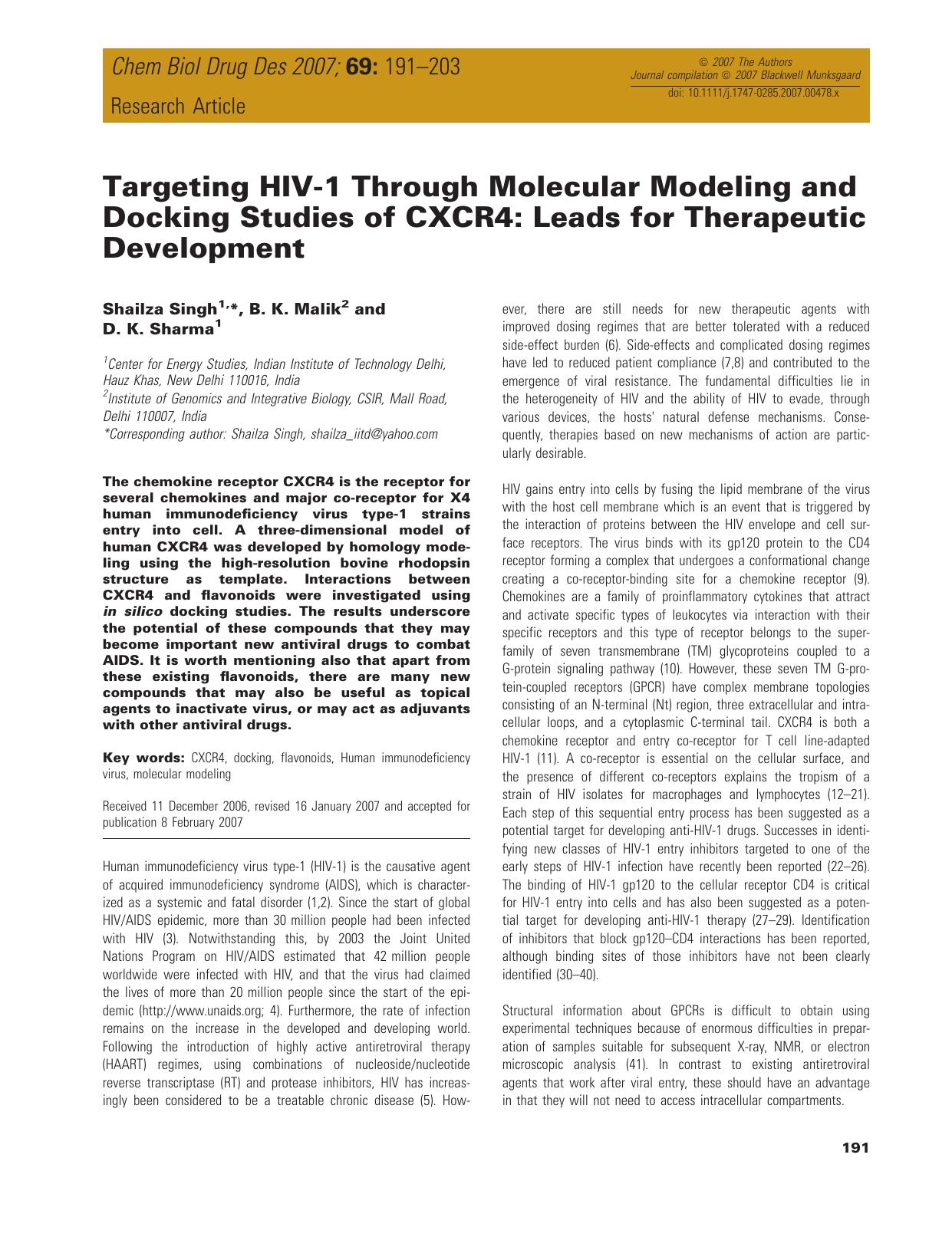Targeting HIV-1 Through Molecular Modeling and Docking Studies of CXCR4: Leads for Therapeutic Development by unknow