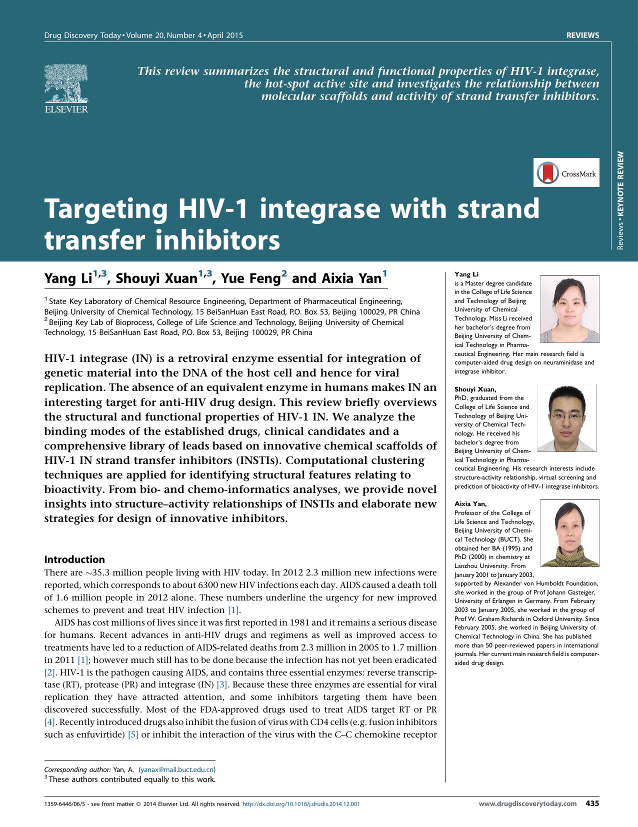 Targeting HIV-1 integrase with strand transfer inhibitors by Yang Li & Shouyi Xuan & Yue Feng & Aixia Yan