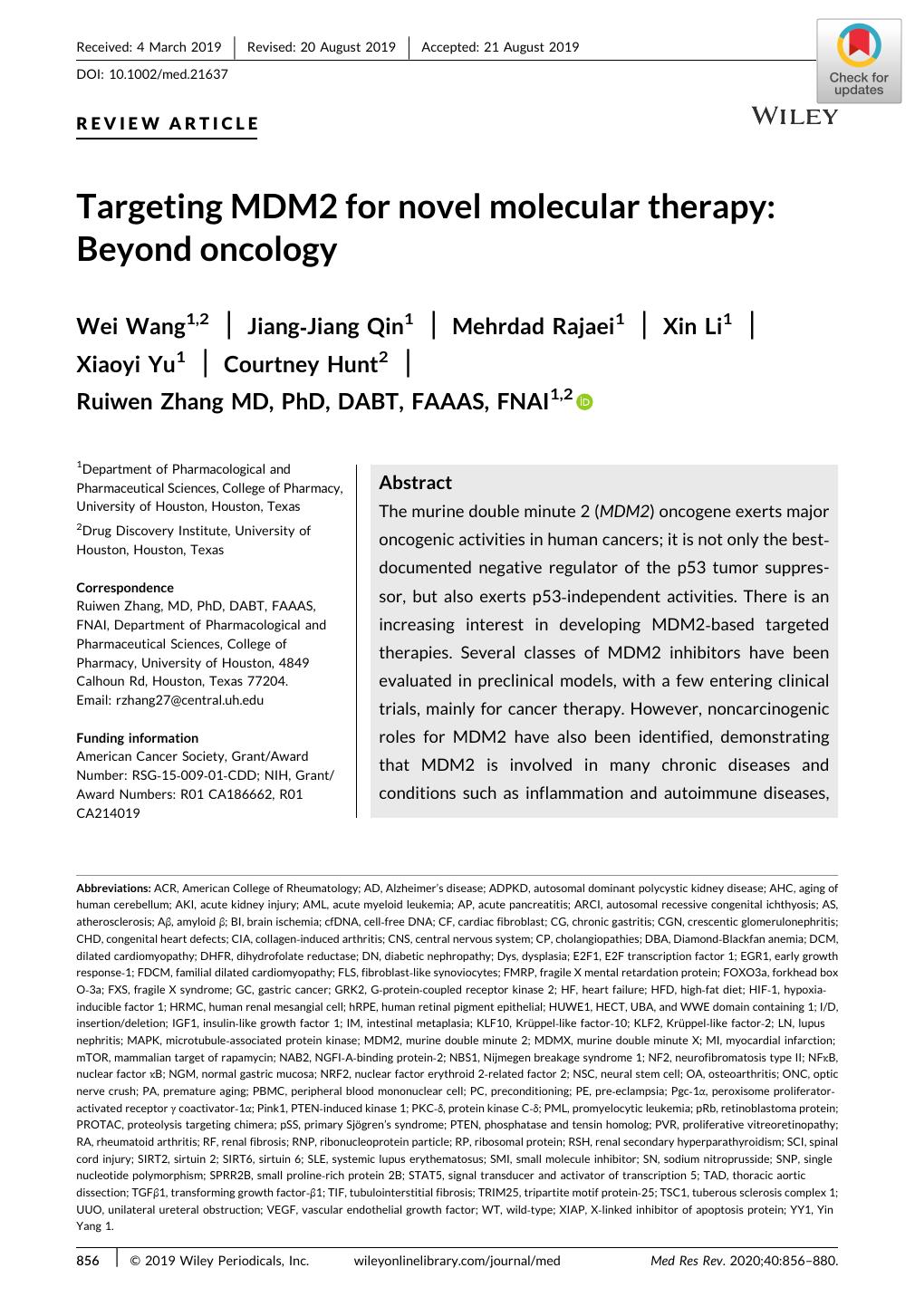 Targeting MDM2 for novel molecular therapy: Beyond oncology by Wei Wang