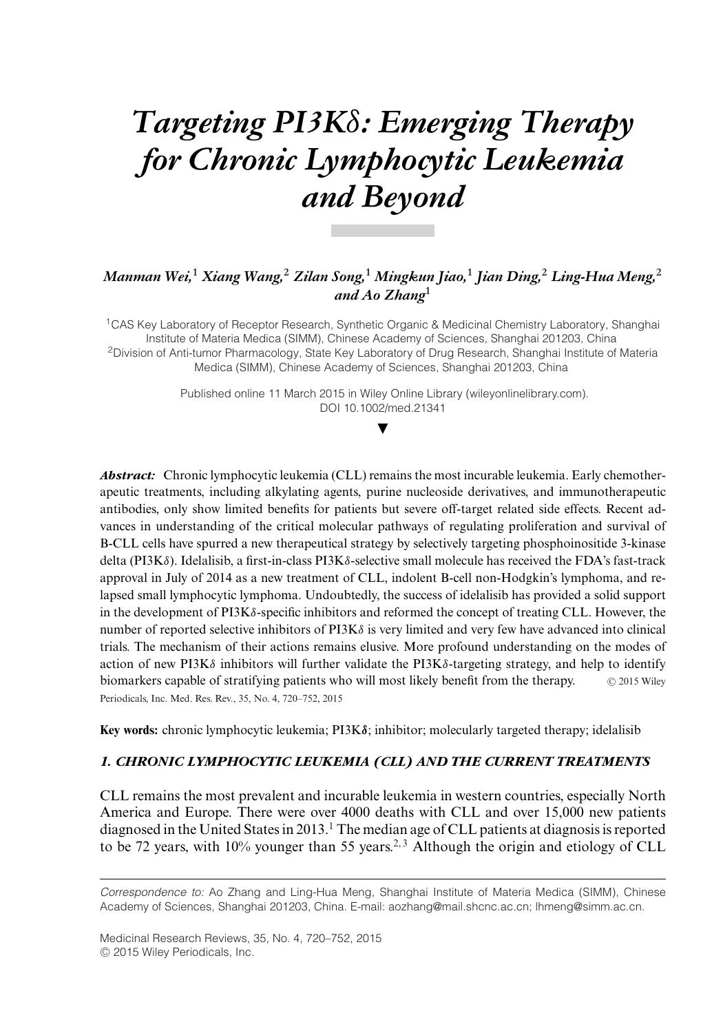 Targeting PI3K&#x003B4;: Emerging Therapy for Chronic Lymphocytic Leukemia and Beyond by Unknown