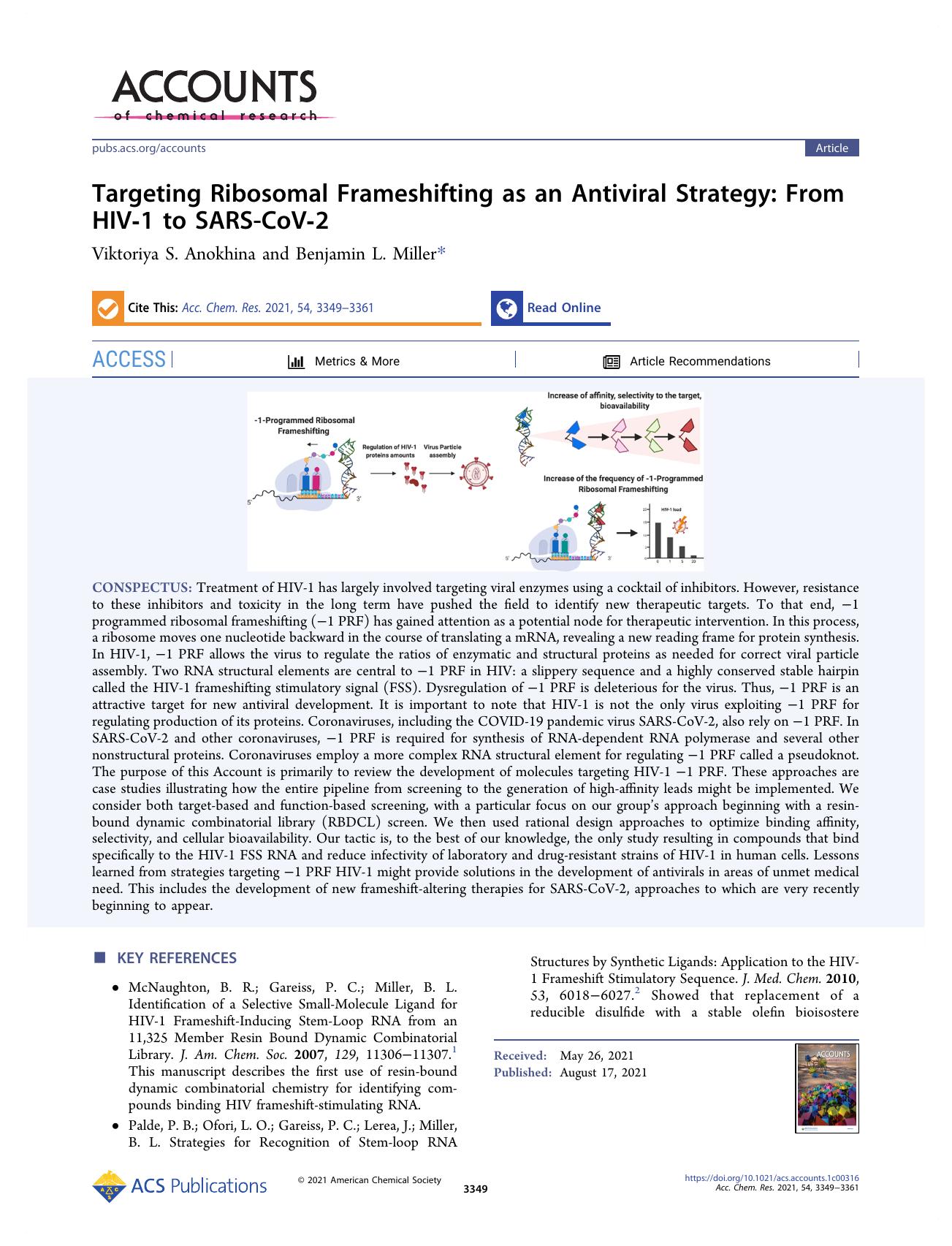 Targeting Ribosomal Frameshifting as an Antiviral Strategy: From HIV-1 to SARS-CoV-2 by Viktoriya S. Anokhina and Benjamin L. Miller