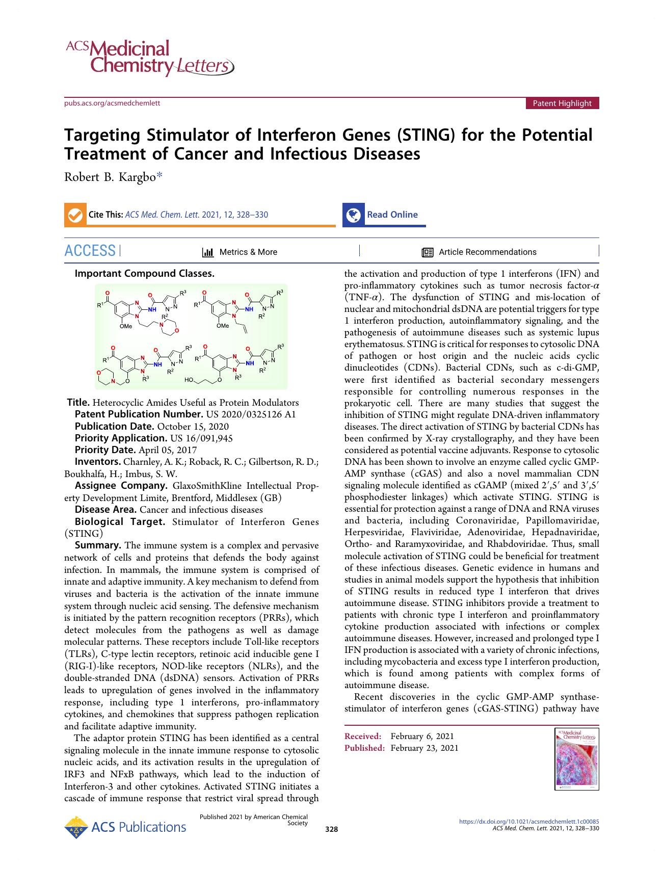 Targeting Stimulator of Interferon Genes (STING) for the Potential Treatment of Cancer and Infectious Diseases by Robert B. Kargbo