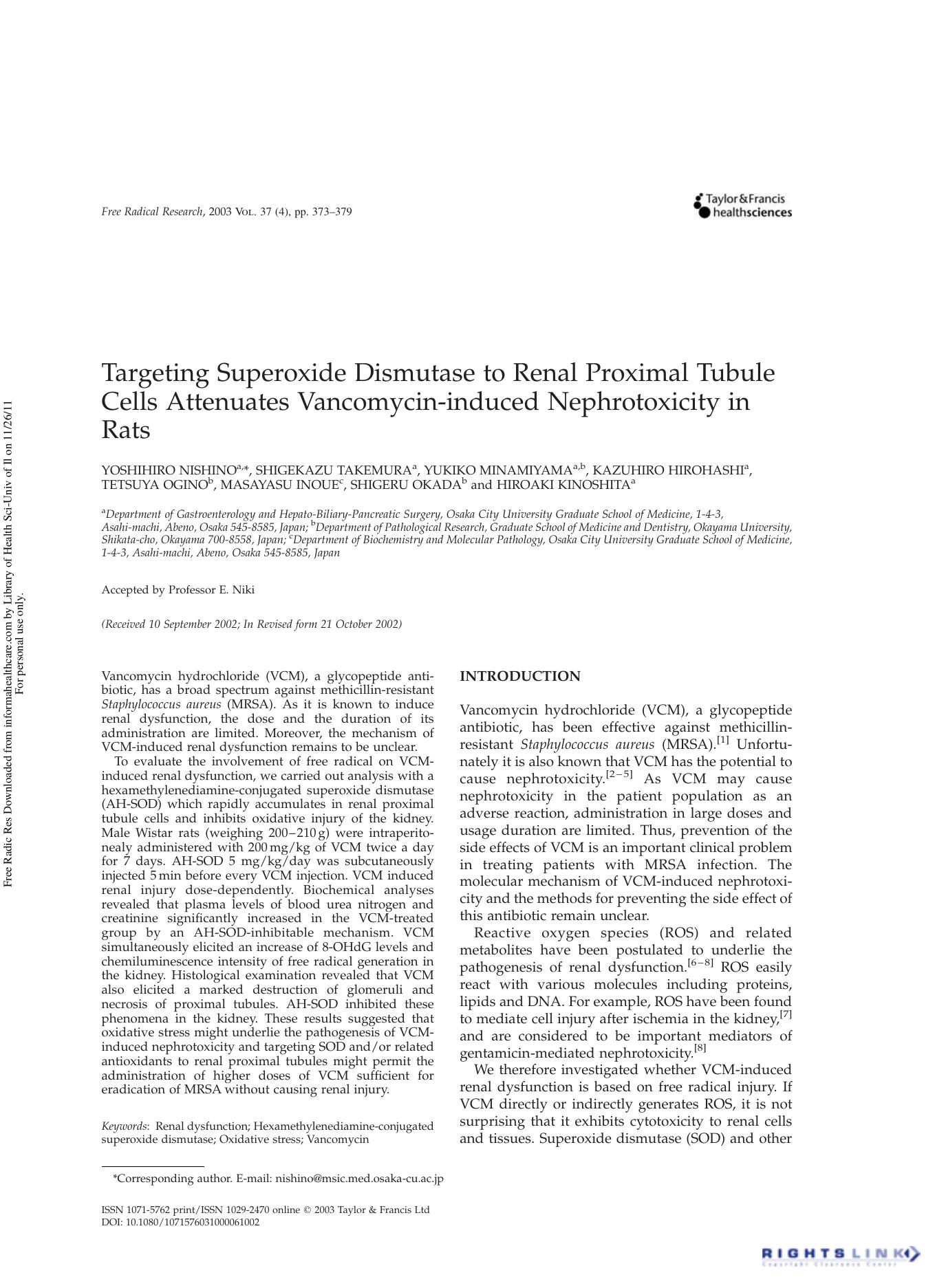 Targeting Superoxide Dismutase to Renal Proximal Tubule Cells Attenuates Vancomycin-induced Nephrotoxicity in Rats by unknow