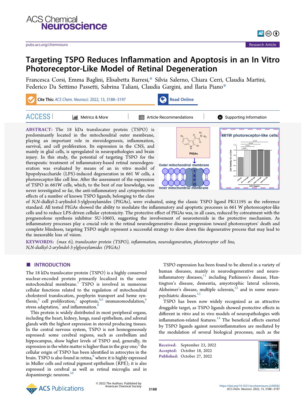 Targeting TSPO Reduces Inflammation and Apoptosis in an In Vitro Photoreceptor-Like Model of Retinal Degeneration by unknow