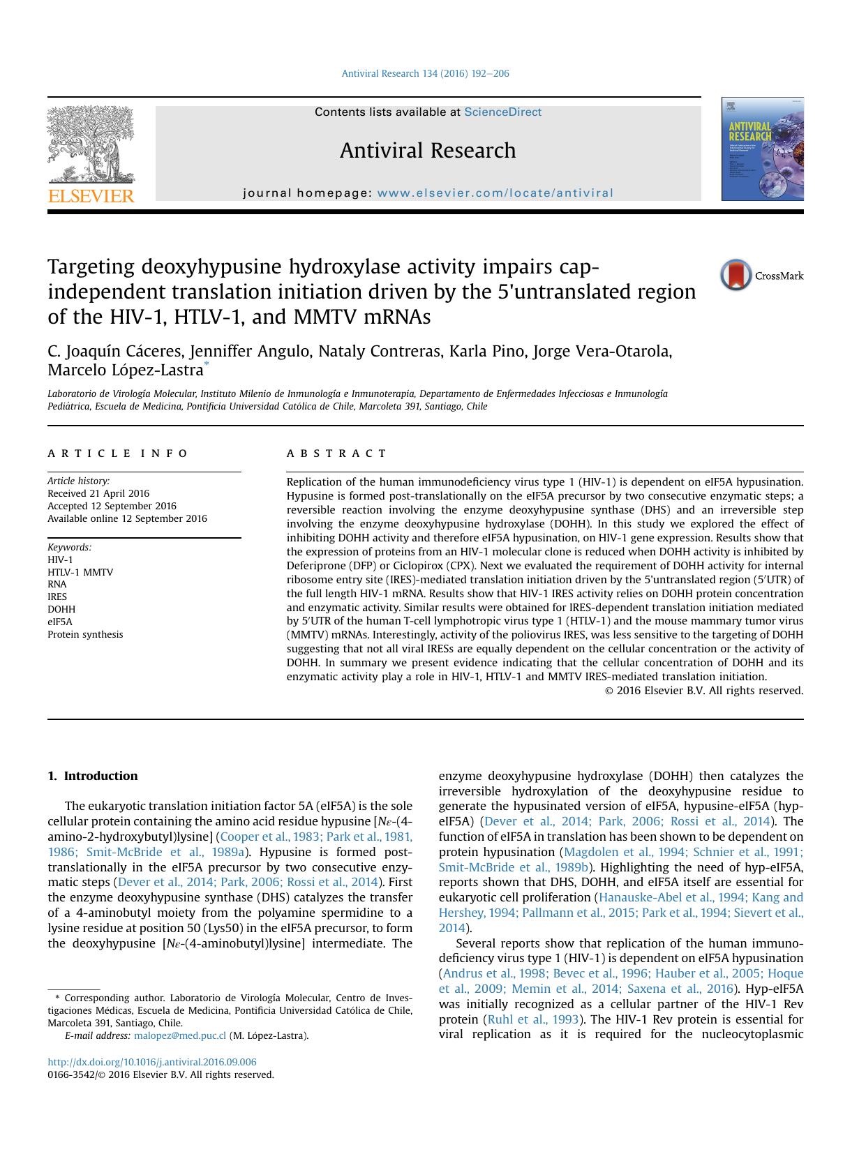 Targeting deoxyhypusine hydroxylase activity impairs cap-independent translation initiation driven by the 5'untranslated region of the HIV-1, HTLV-1, and MMTV mRNAs by unknow