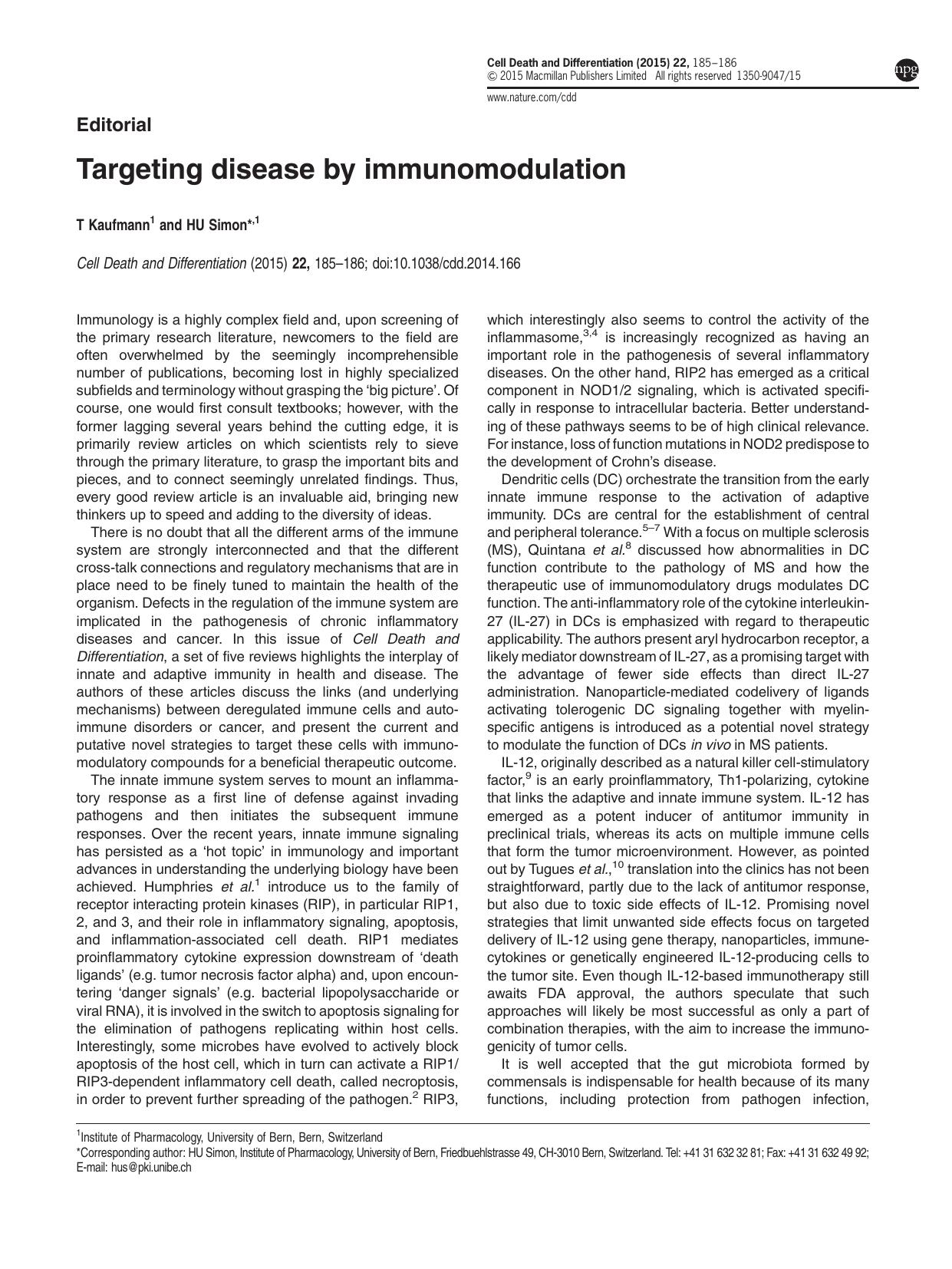 Targeting disease by immunomodulation by T Kaufmann & H U Simon