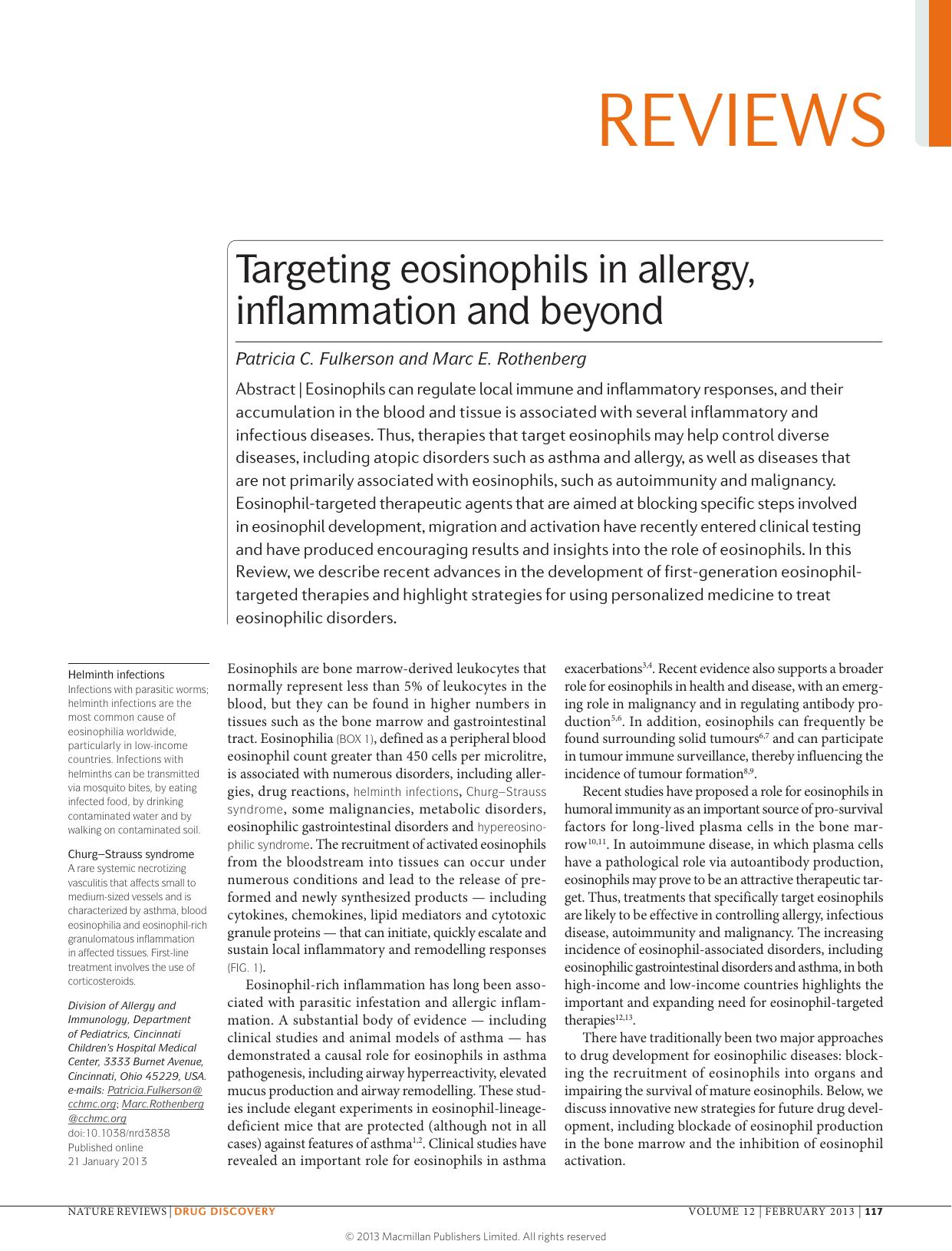 Targeting eosinophils in allergy, inflammation and beyond by Patricia C. Fulkerson & Marc E. Rothenberg