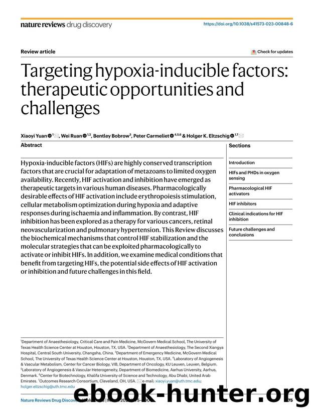 Targeting hypoxia-inducible factors: therapeutic opportunities and challenges by Xiaoyi Yuan & Wei Ruan & Bentley Bobrow & Peter Carmeliet & Holger K. Eltzschig
