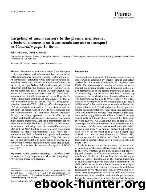 Targeting of auxin carriers to the plasma membrane: effects of monensin on transmembrane auxin transport in <Emphasis Type="Italic">Cucurbita pepo<Emphasis> L. tissue by Unknown