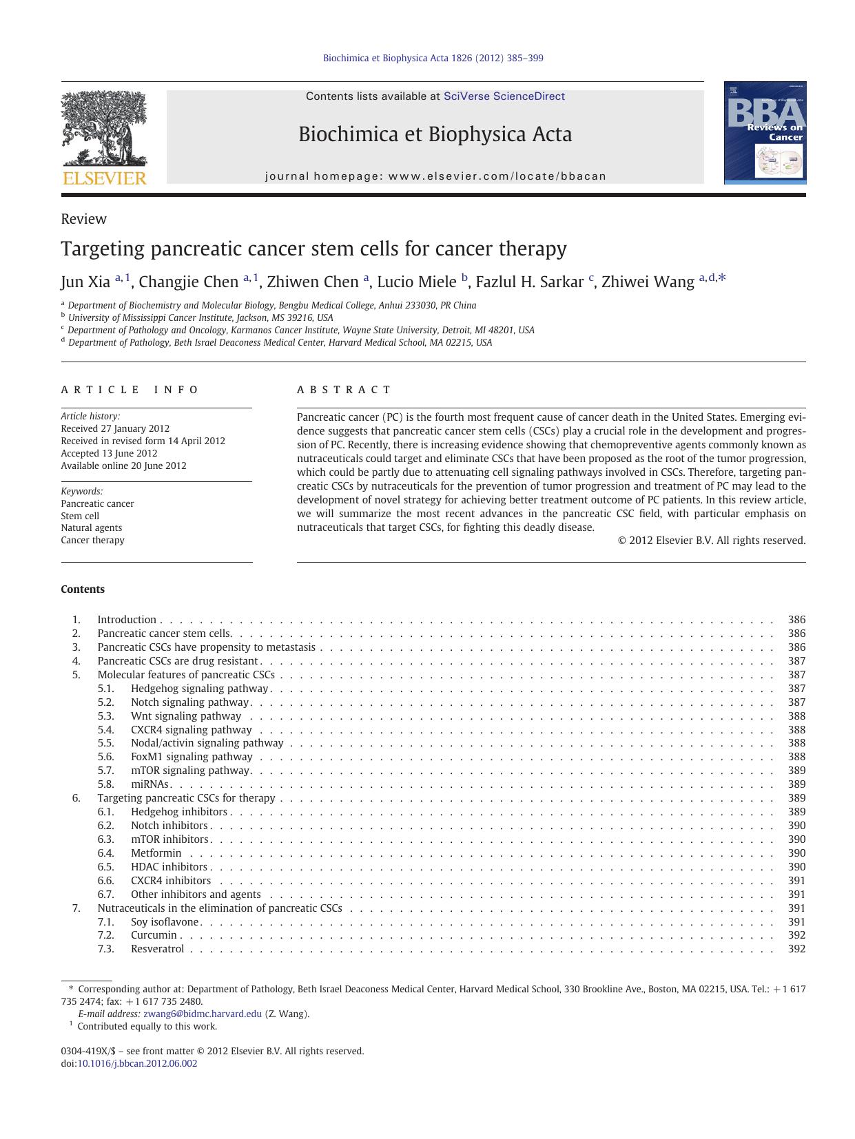 Targeting pancreatic cancer stem cells for cancer therapy by Jun Xia & Changjie Chen & Zhiwen Chen & Lucio Miele & Fazlul H. Sarkar & Zhiwei Wang