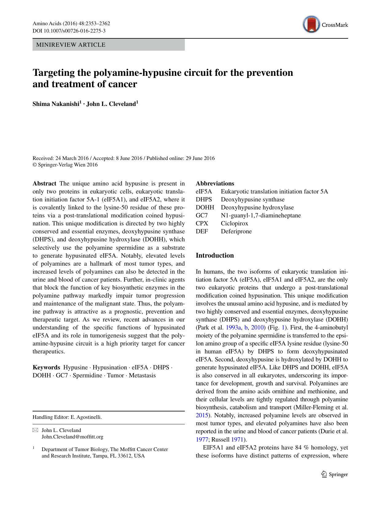 Targeting the polyamine-hypusine circuit for the prevention and treatment of cancer by Shima Nakanishi & John L. Cleveland