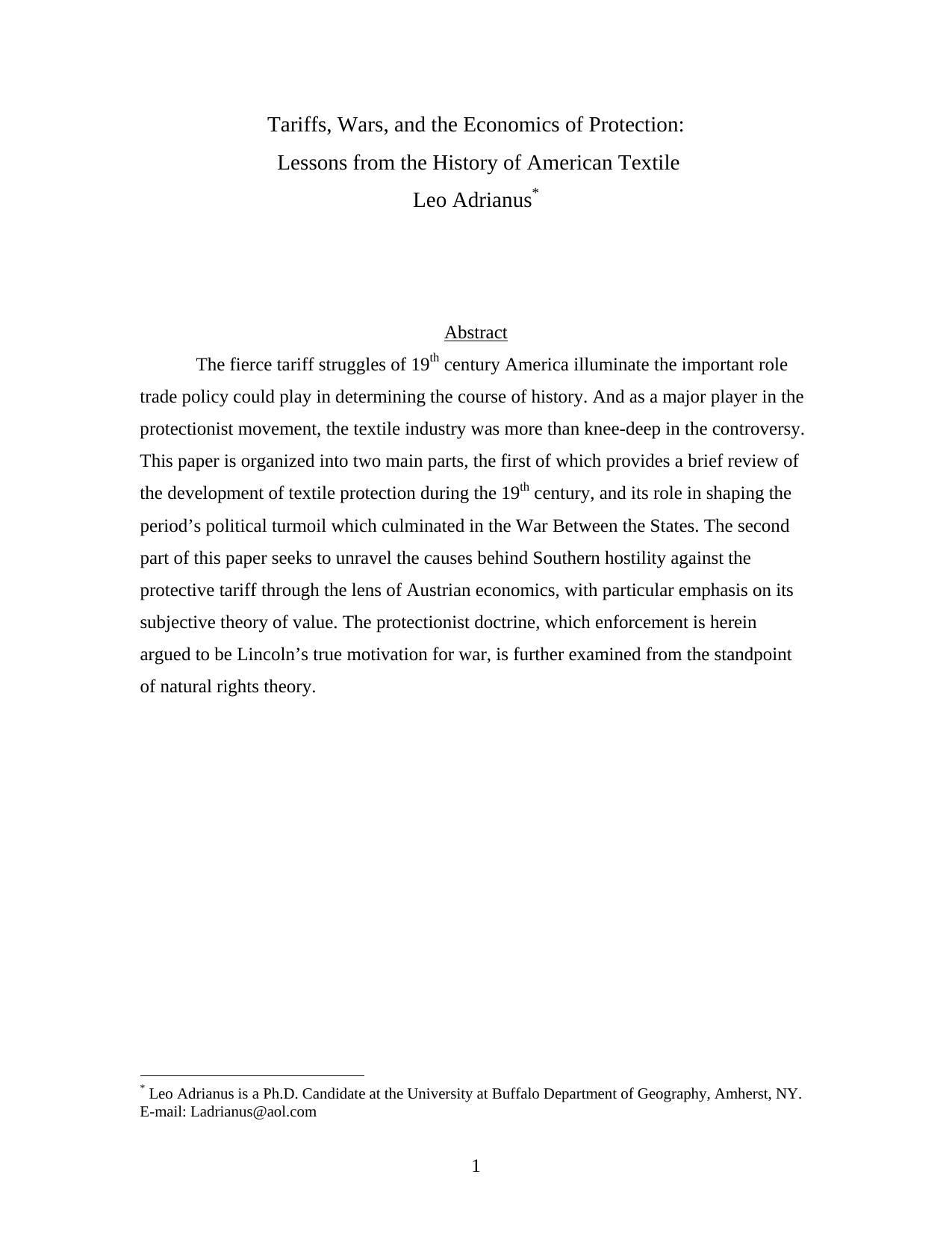 Tariffs, Wars, and the Economics of Protection by Leo Adrianus