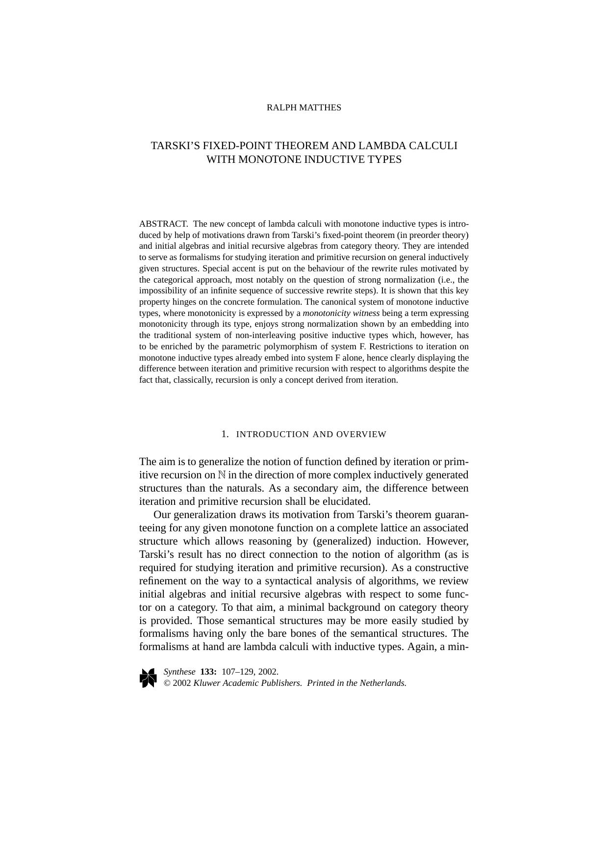 Tarski's Fixed-Point Theorem And Lambda Calculi With Monotone Inductive Types by Unknown