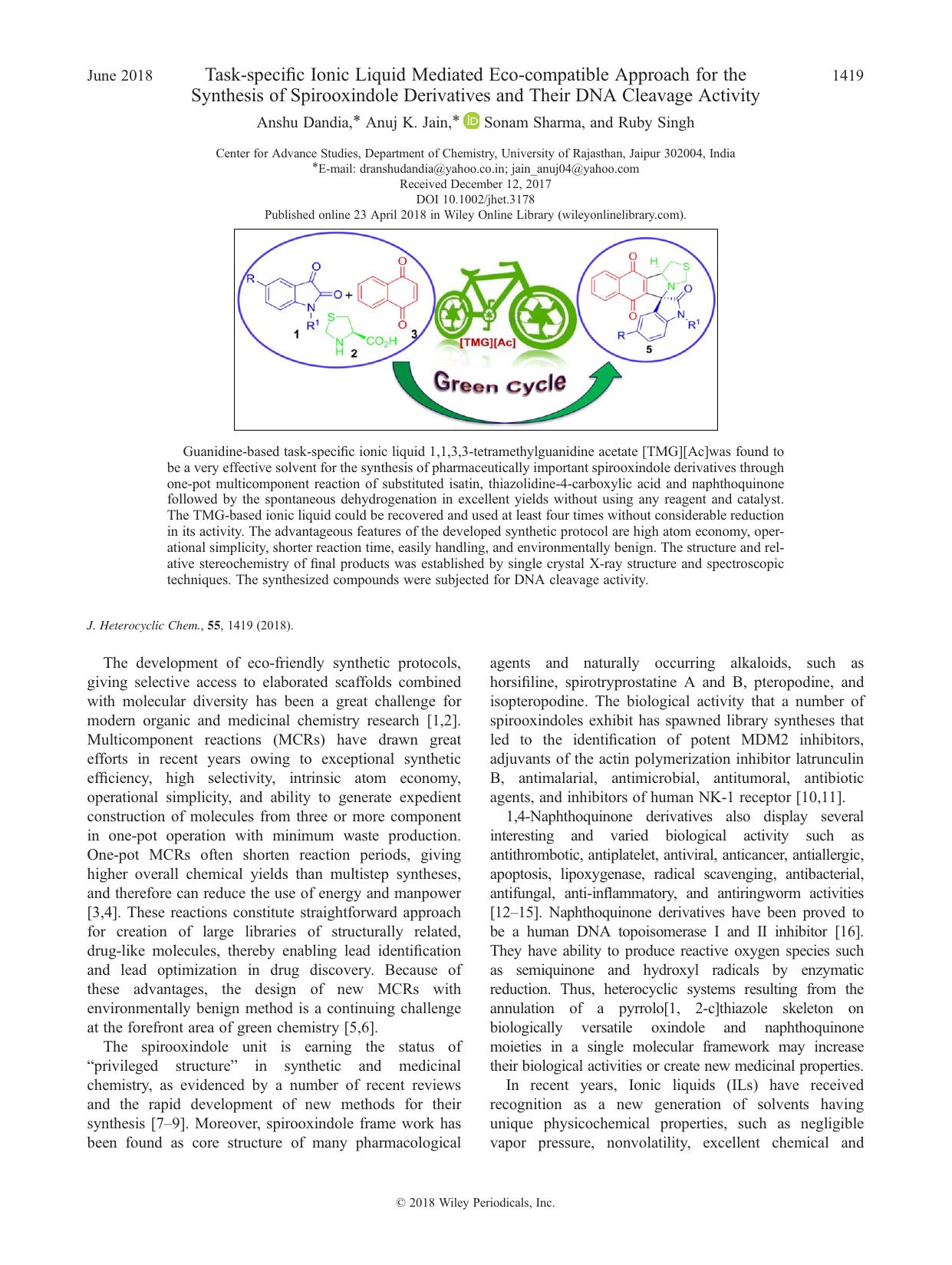Task-specific Ionic Liquid Mediated Eco-compatible Approach for the Synthesis of Spirooxindole Derivatives and Their DNA Cleavage Activity by Anshu Dandia Anuj K. Jain Sonam Sharma Ruby Singh